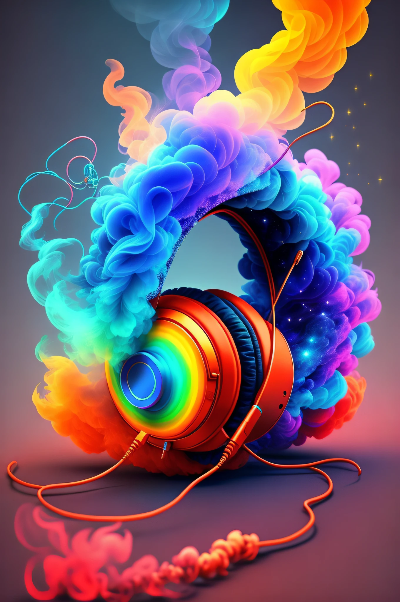 headphone with background showing the colors of the universe in the form of smoke make basic corrections in the shape of the headphone and the wires