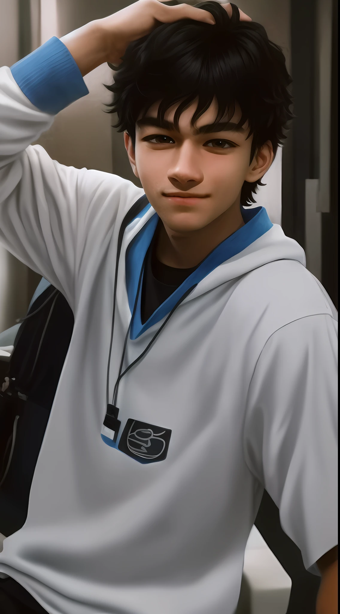 age boy, sixteen, black hair, dark gray eyes, Surrealism, 8k, super detail, colored picture, extremely detailed CG wallpaper unit 8k, 8k uhd, dslr, soft lighting, high quality, film grain, Fujifilm XT, ((realistic)) (8k UHD: 1.1), (film grain: 1.1), (raw photo: 1.1), full resolution, highly detailed skin, detailed hair, dslr, sharp focus, high definition, high quality photography, intricate