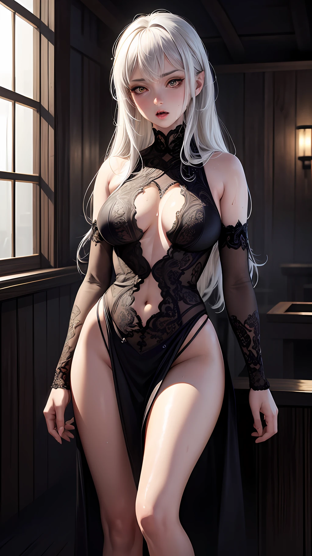 (hyper-realistic), (illustration), (high resolution), (8K), (extremely detailed), (best illustration), (beautiful detailed eyes), (best quality), (ultra-detailed), (masterpiece), (wallpaper), (detailed face), solo 1 girl, white hair, yellow eyes, little clothing, transparent clothing, sauna, sweating, wet, open mouth, expression of heat