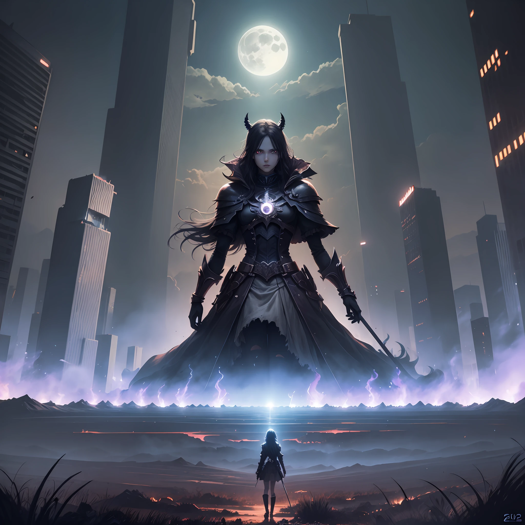 (high quality), (dark), (anime) Dark moonlight on burning land --auto --s2