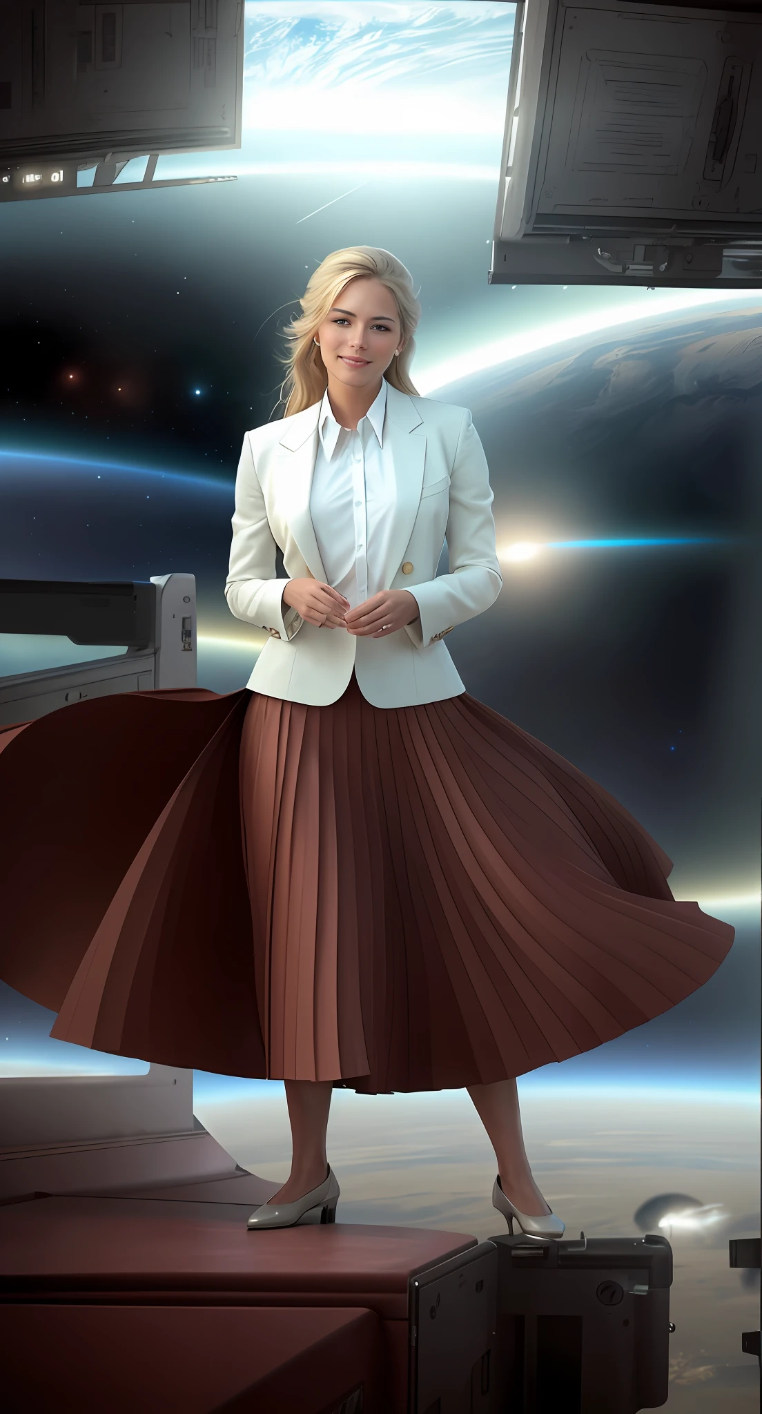35mm f1.4 Kodak portra 400 photograph, extremely high quality RAW photograph, a therapist is dancing in her skirt (in a flirting manner:1.3) on a space station, (shy) authentic (kind and tender) lesbian woman wearing a short blazer with a very very detailed (long (fully pleated) full circle skirt) and (simple) low heeled office shoes, very very intricate hyper-detailed symmetric (attractive graceful young feminine face) with (sad, tired) eyes and a (flirty smile:1.3), full of empathy and compassion and love, (pronounced feminine features:1,3), big boobs, large breasts, shirtless, topless, (highly detailed ultra accurate realistic) hands and fingers, ((windy conditions and wind blowing)), epic composition, highly detailed attributes, highly detailed atmosphere, detailed background, intricate, Exquisite details and textures, highly detailed, deep space station secret operations active background