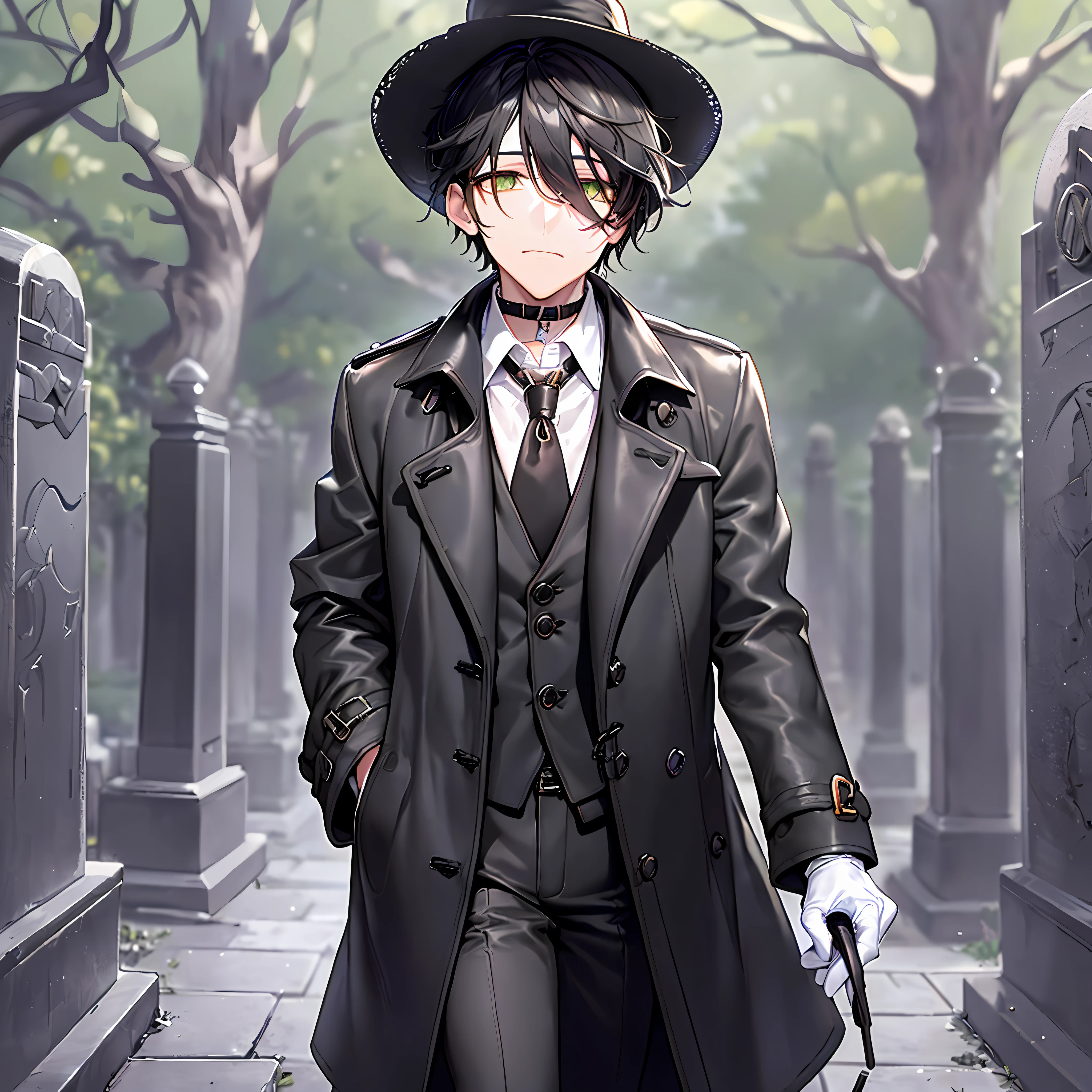 Male, solo, walking in the graveyard, at night, looking at the viewer, emotionless, ((Straight hair)), short hair, ((black hair)), green eyes, pale skin, cross necklace, (black trench coat:1.6), (homburg hat:1.6), ((white gloves)), close-up, masterpiece,