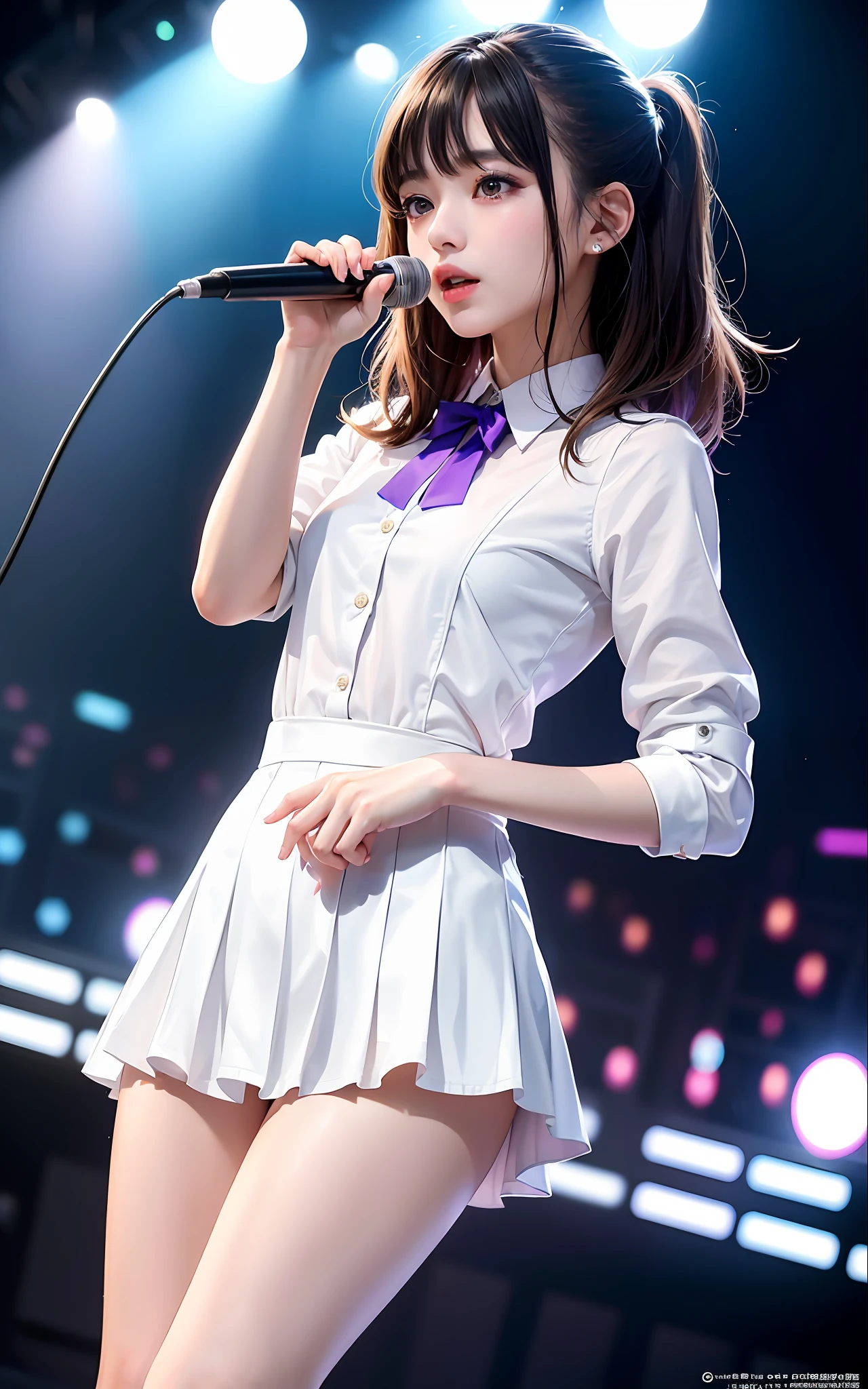 (8k, RAW photo, photorealistic: 1.25), (lip gloss, eyelashes, shiny face, shiny skin, slim body, small, Nogizaka 46, uniform idol, 18 years old, stage costume, best quality, super high resolution, depth of field, chromatic aberration, caustics, wide lighting, natural shading, jpop idol) The viewer sees a calm and goddess-like euphoria and 、