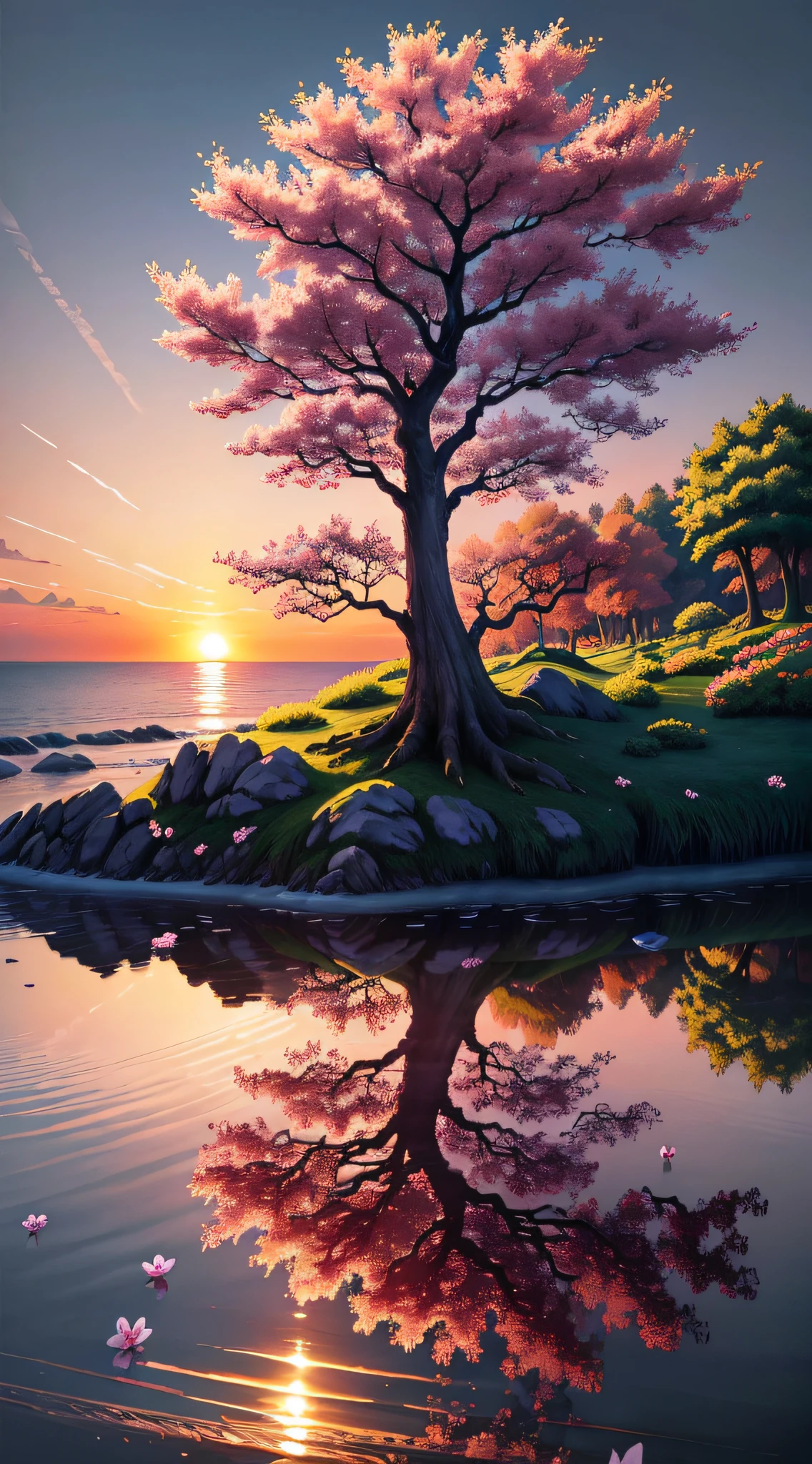 painting of a tree with pink flowers in water at sunrise, beautiful uhd 4k art, 4k highly detailed digital art, 4k detailed digital art, scenery art, beautiful anime peace scene, detailed 4k painting, nature anime, detailed scenery art, 8k high quality detailed art, background art, anime landscape wallpaper,  peaceful landscape, nature of the anime wallpap