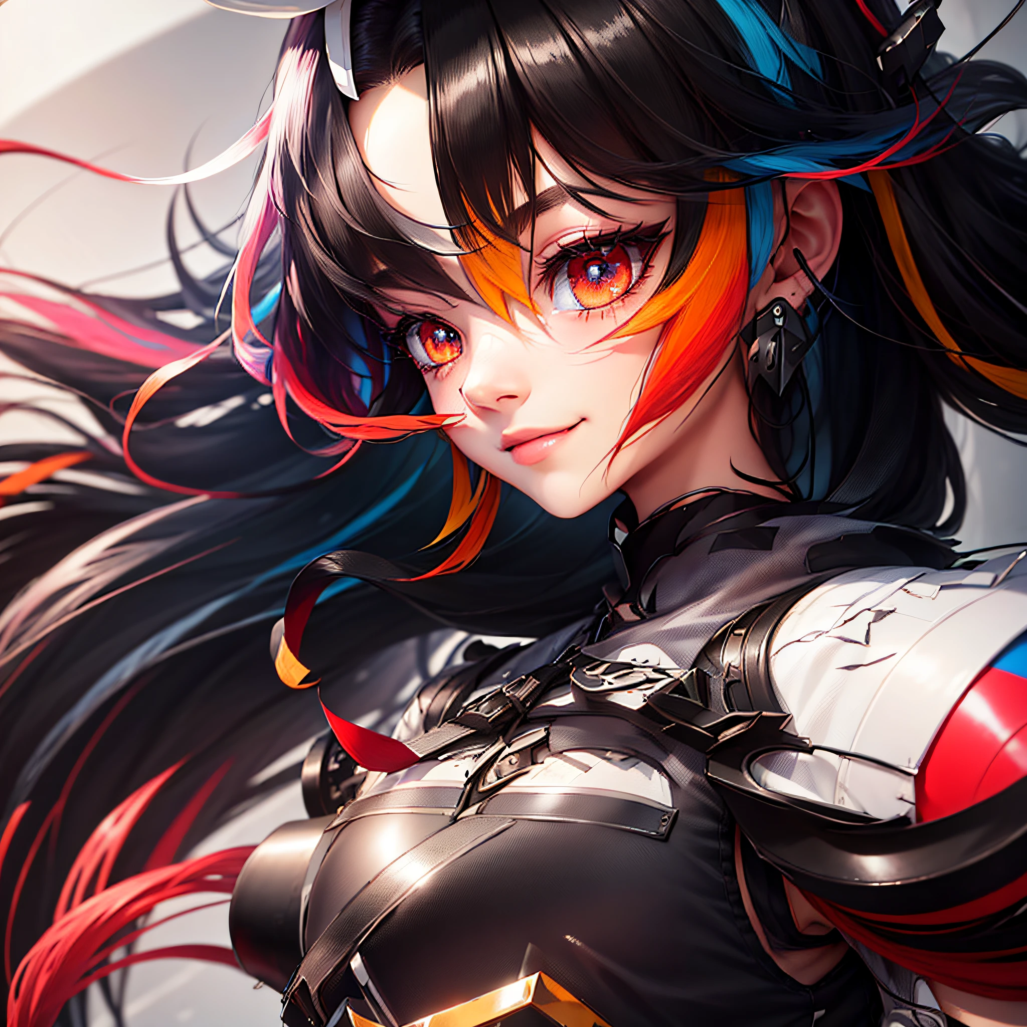 black hair, long eyelashes, light smile, tusk, striated hair, multicolored hair, colored inner hair, red hair, hair clip, mole under eyes, incompatible pupils, empty eyes, empty eyes, dilated pupils, heart-shaped pupils, smiling, shadow, anaglyph, depth of field, motion blur, brightness, color field painting, anime style, 8k, super detail, best quality, UHD, 8k --auto --s2