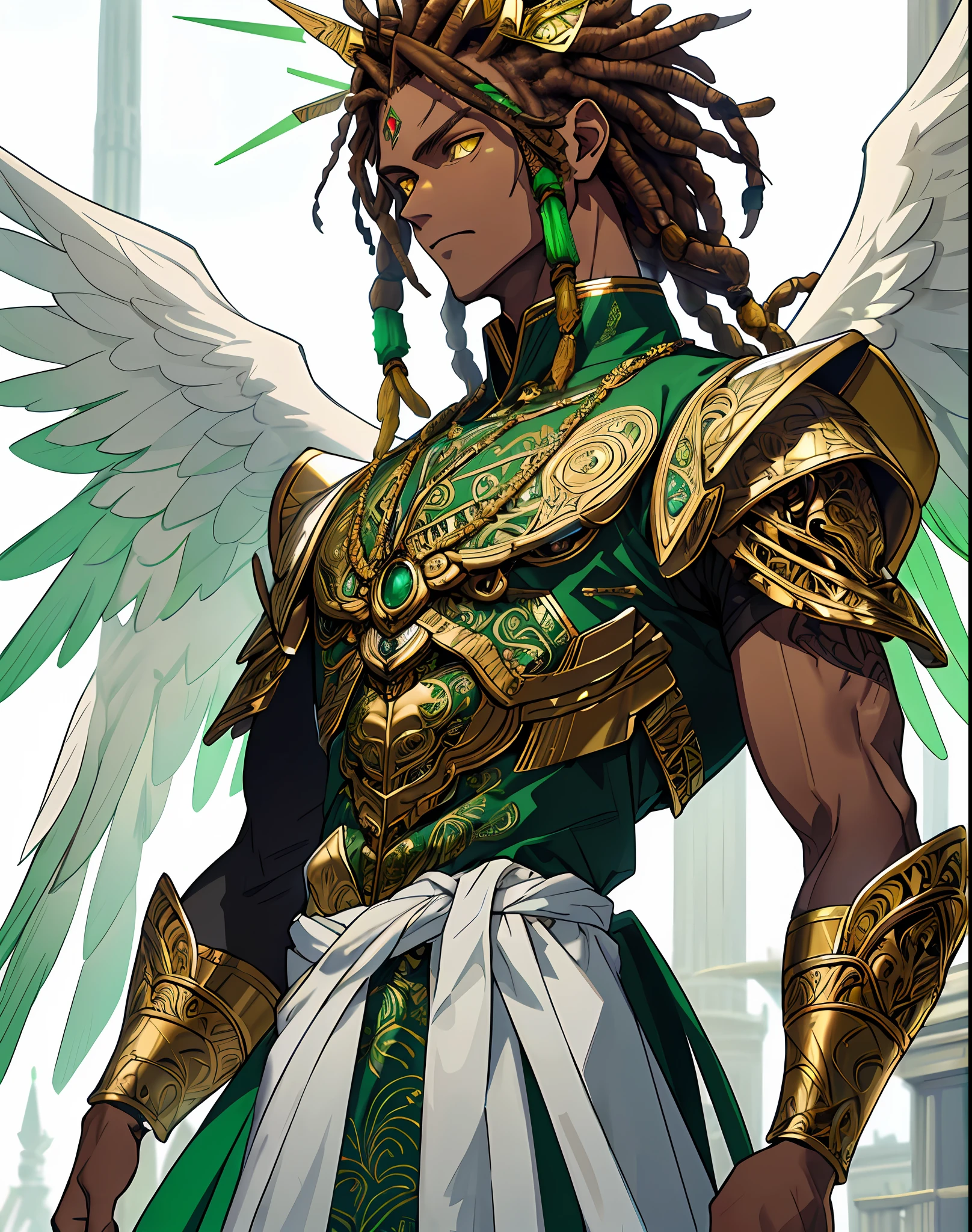 ((raw photo)), ((masterpiece)), anthropomorphic humanoid Angel wearing emerald armor gold adornments, intricate detail, futobot, intricate Greebles pieces, back tower, green and white wings, yellow eyes, brown dreadlock hair, brown skin