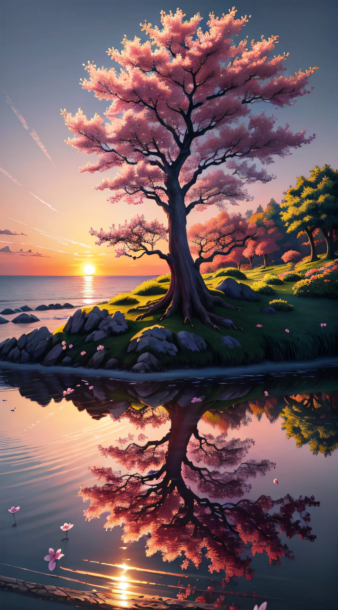 painting of a tree with pink flowers in water at sunrise, beautiful uhd 4k art, 4k highly detailed digital art, 4k detailed digital art, scenery art, beautiful anime peace scene, detailed 4k painting, nature anime, detailed scenery art, 8k high quality detailed art, background art, anime landscape wallpaper, peaceful landscape, nature of the anime wallpap
