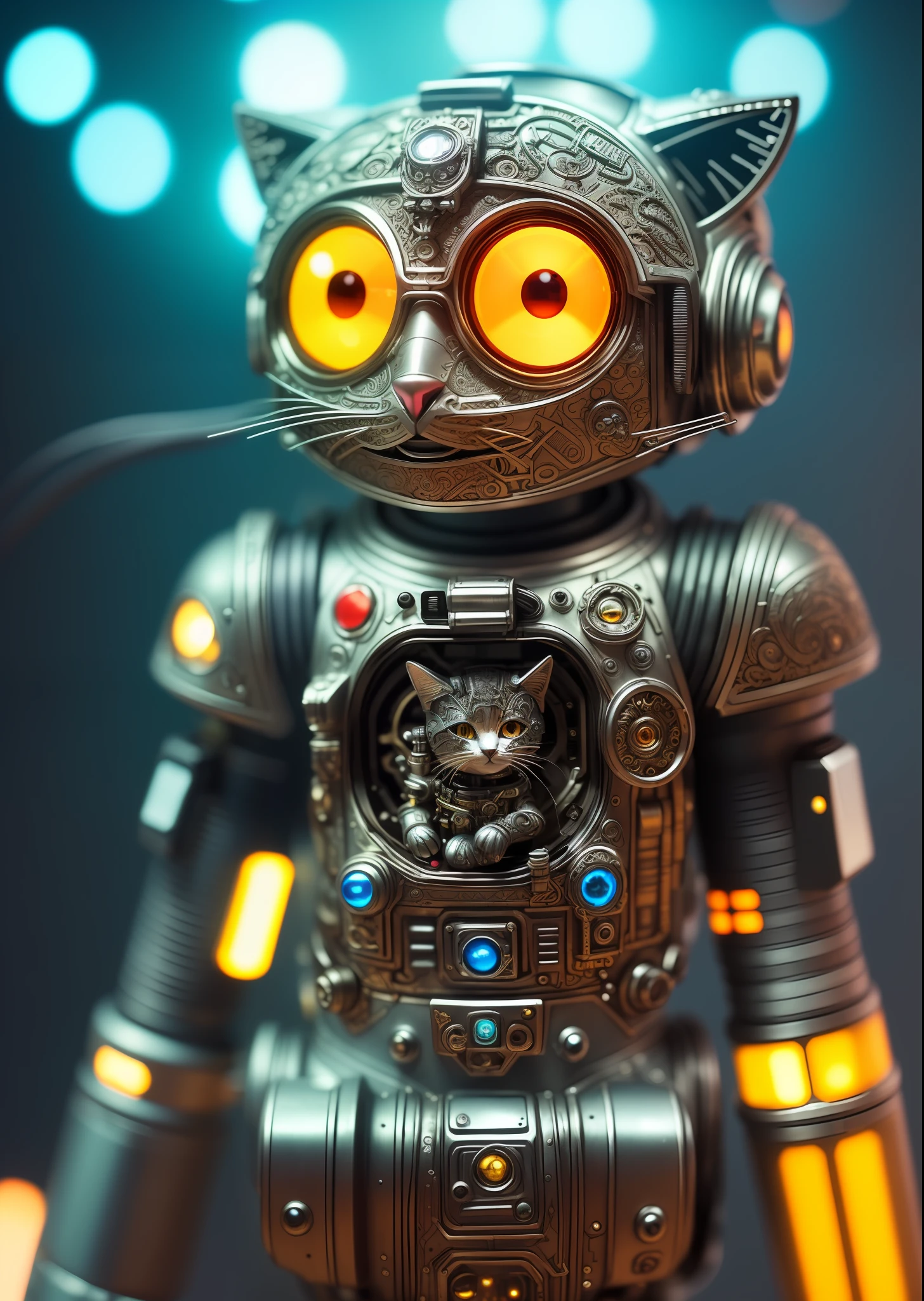 A cute astronaut kitten made of metal, cyborg, cyberpunk style, (((intricate details)), hdr, (((intricate details, hyperdetailed)), cinematic shot, vignette