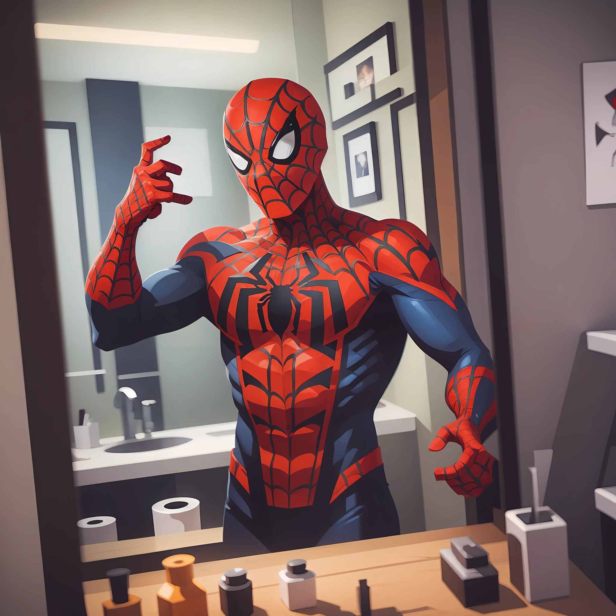 Spider man holding cell phone taking photo,mirror,Peter Parker,with spider man mask,HD,8k,photography,in mirror. Realistic. --auto --s2
