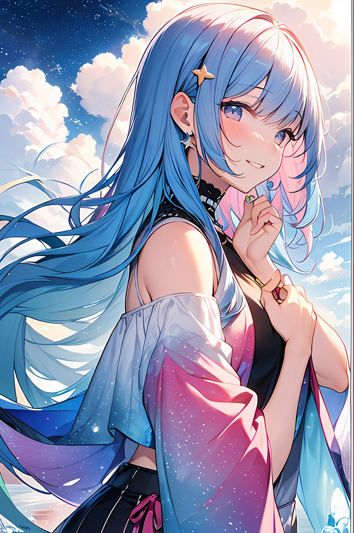 (Masterpiece, Best Quality, Best Quality, Watercolor (Medium), Official Art, Beautiful and Aesthetic: 1.2), (1 Girl: 1.3), (Fractal Art: 1.3), Upper Body, From the Side, Looking at the Viewer, Pattern, (Iridescent Hair, Colorful Hair, Half Blue and Half Pink Hair: 1.2), Water, Liquid, Clouds, Colorful, Starry Sky, Stars, Smile