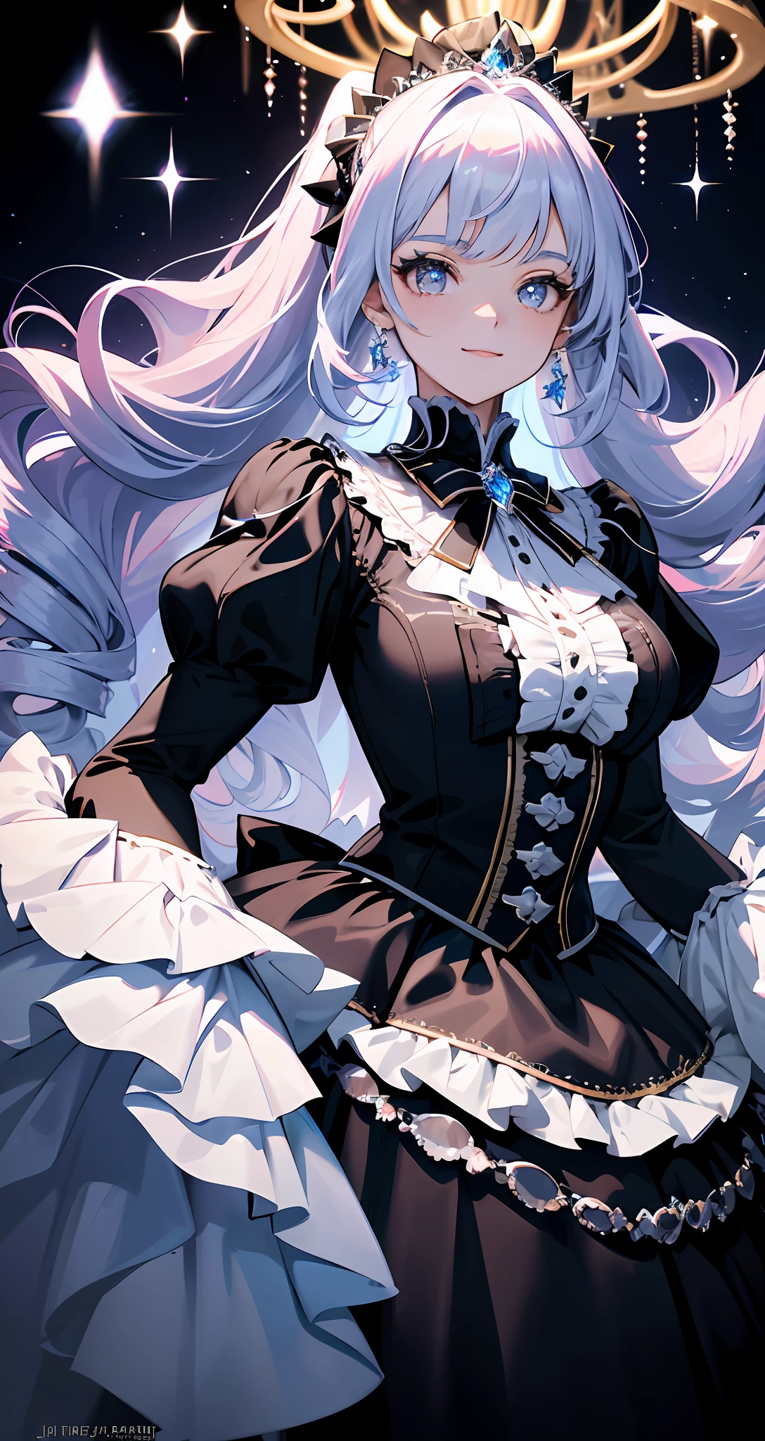 Dramatic composition, court-style dresses, royal, gorgeous, cascading frills, ruffles, bows, crystal chandeliers, Roman curly hairstyles, ponet, double ponytails like drills, look at the camera, bangs, maximalism, palatial background, delicate portrayal of hair and eyes, princess dresses, gorgeous skirts, flowers in hand, smiles, starry eyes, cinematic light, extreme detail, high definition, happy girl, very long hair, diamonds, broken diamonds, crystal fragments, light particles