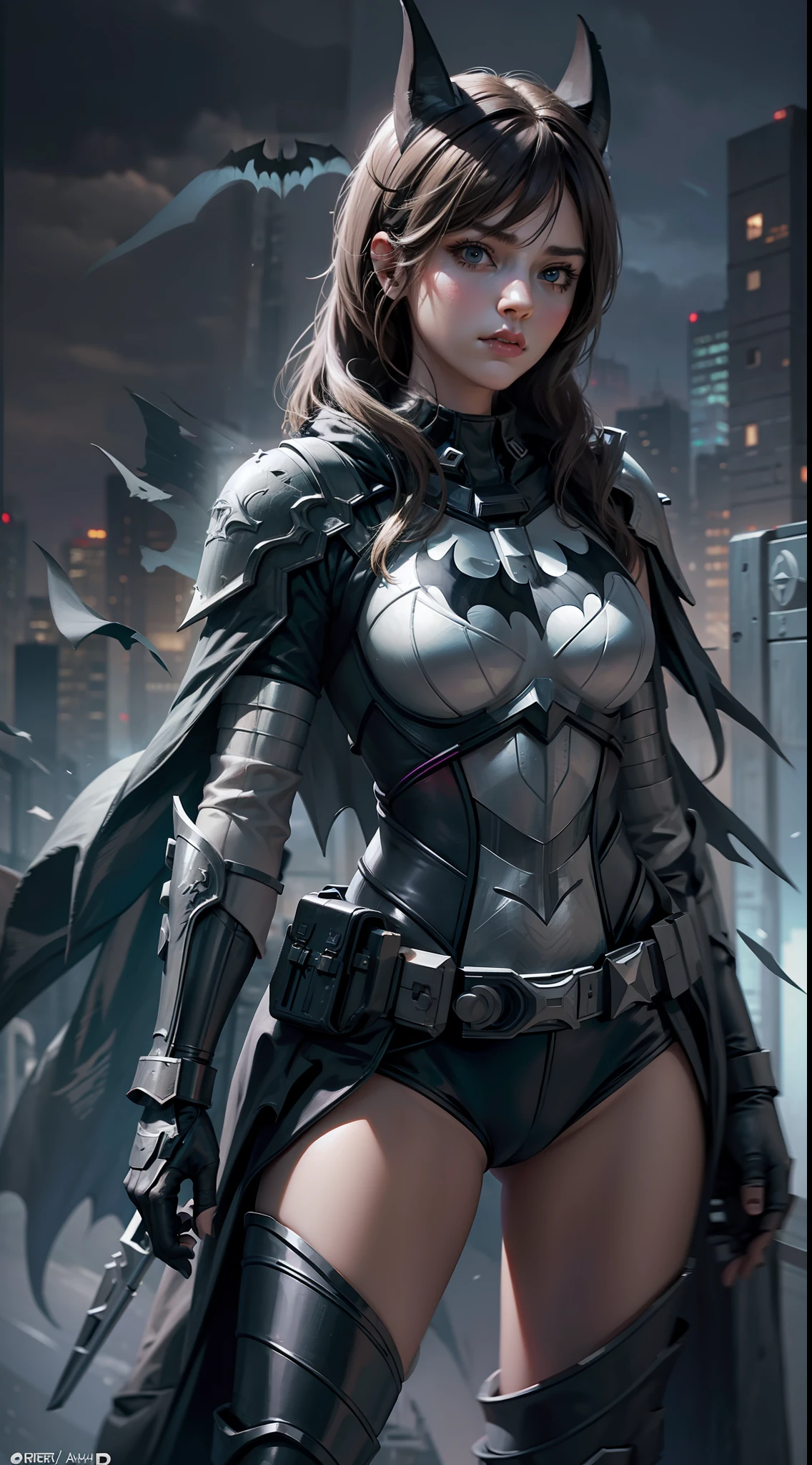 Female Batman, cute face, serious face, white batman armor, standing, post apocalytic dessert, night time, colorful background, UHD, side lighting, ultra realistic, ray tracing, full body must be shown