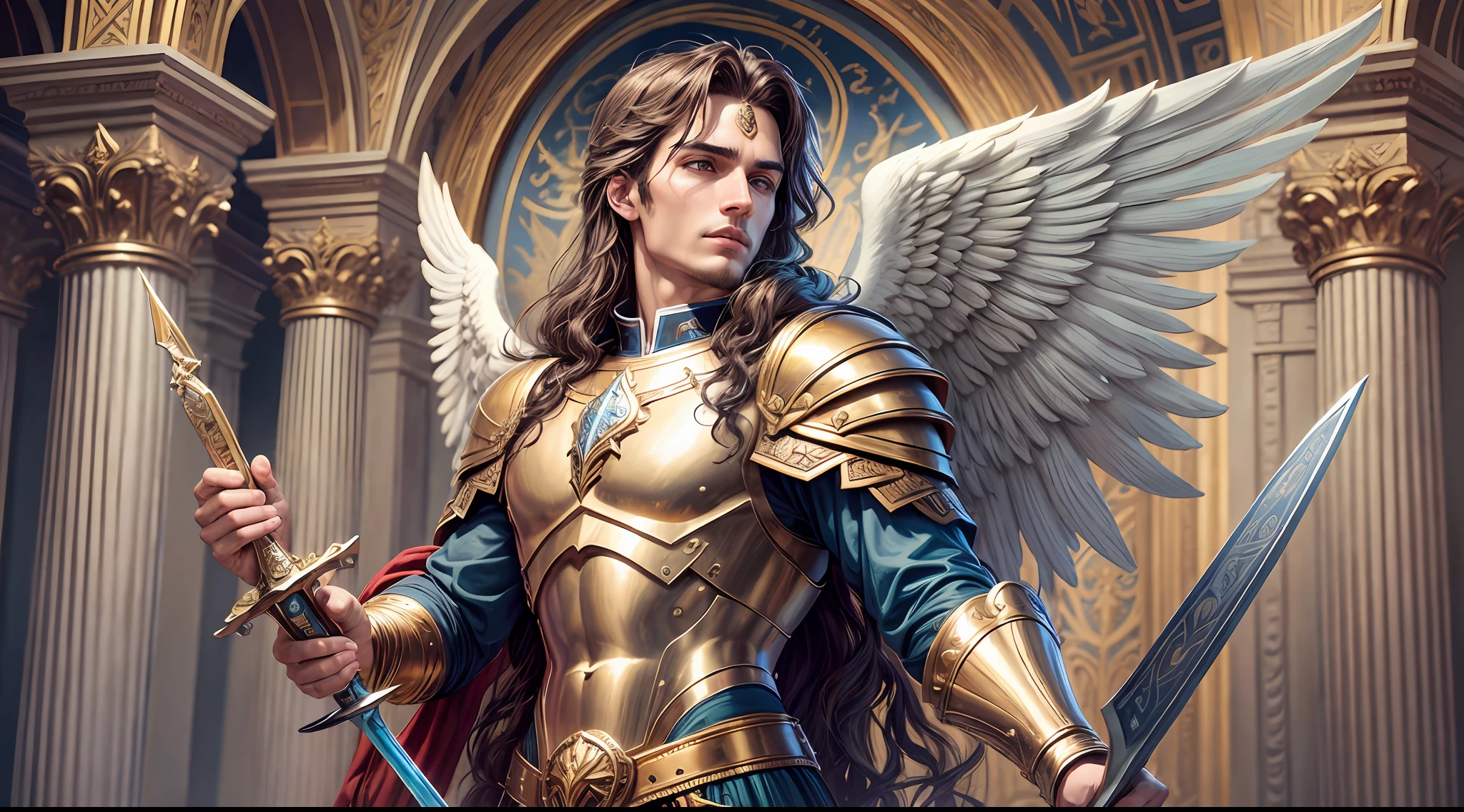 painting of a man with a sword, St. Michael Angel, Archangel Michael, by Evelyn De Morgan, by Ángel Botello, archangel, by Michaelangelo, Michael Angel, full of angel paintings, by Julie Bell, by Nicholas Marsicano, by Ignacio Zuloaga, by Antonio Cavallucci, epic biblical depiction, red clothes, gold items --auto --s2