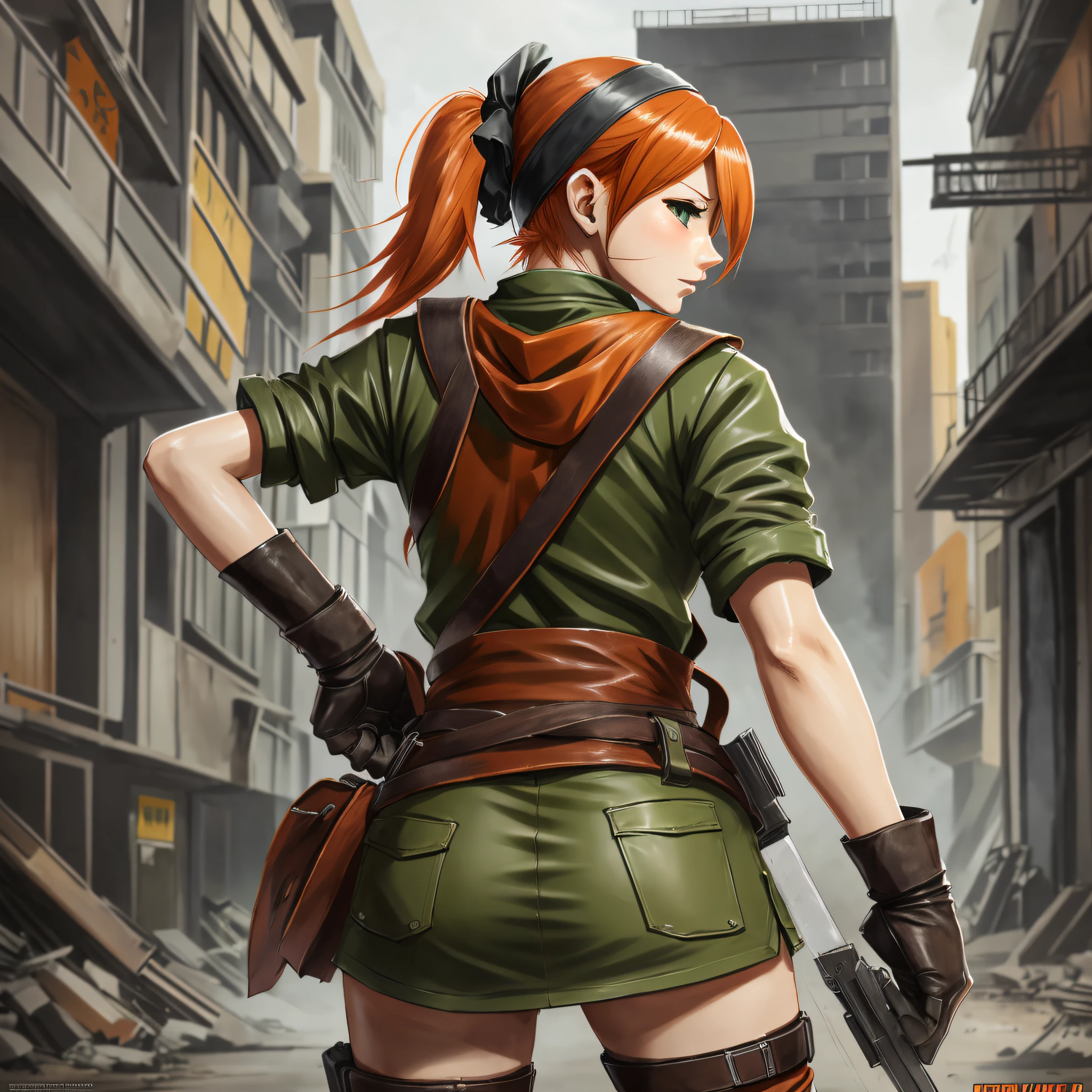 concept art, anime girl, half body seen from behind, orange red hair, dirty, survivor, with leather gloves, appropriate clothing for fighting martial arts, olive green clothing, wearing bandana on head,