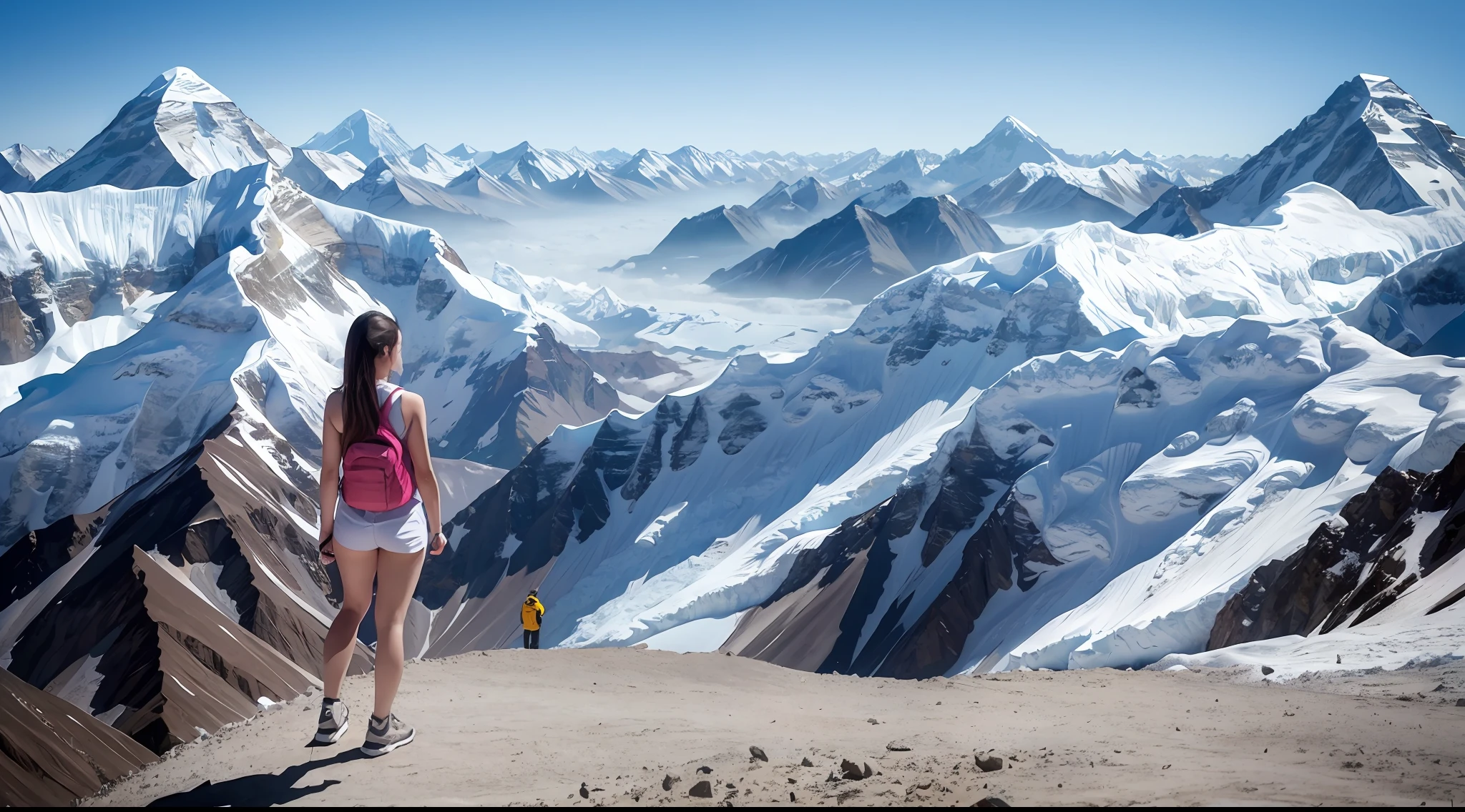 Mount Everest, vista, back, woman, standing, foothills, white clouds, glaciers, bare legs