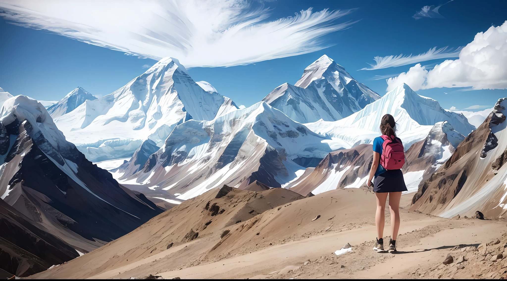 Mount Everest, vista, back, woman, standing, foothills, white clouds, glaciers, bare legs
