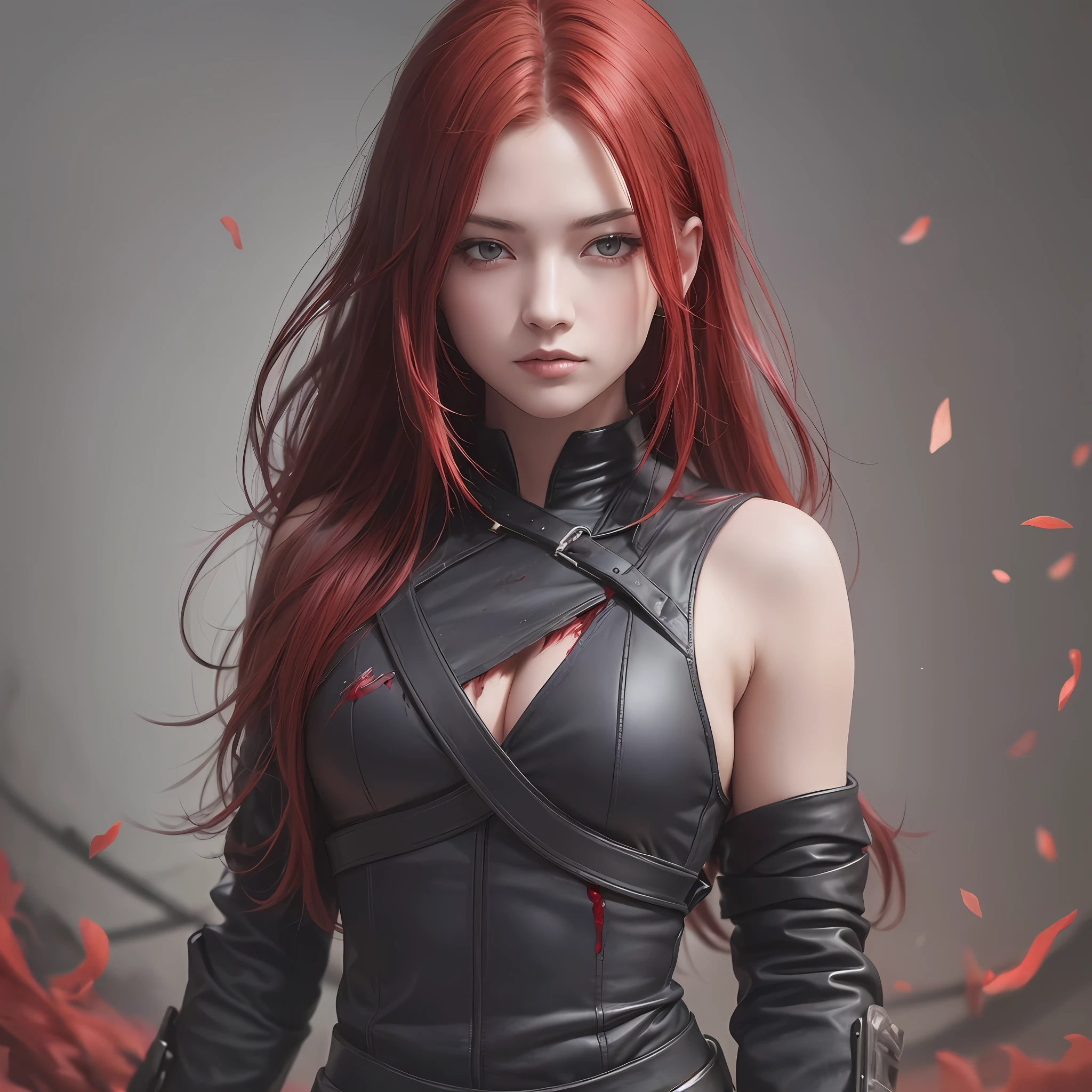 (high quality), (dark), (realistic photo) Warrior with red hair and gray eyes, tight black colored clothing, with a blood-stained katana --auto --s2
