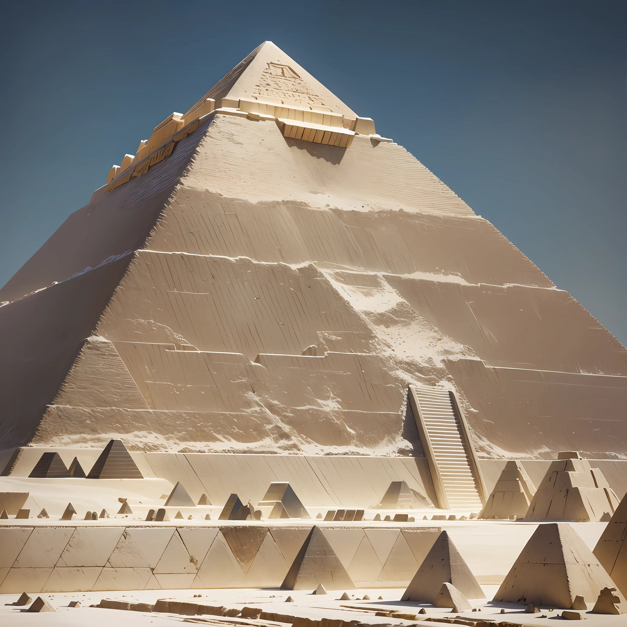 pyramids lined with blocks of polished limestone, which gave them a bright, white appearance. These cladding blocks were layered, creating a smooth and uniform surface. The upper part of the pyramid was usually covered with a stone cloak that formed a point or a small temple. --auto --s2