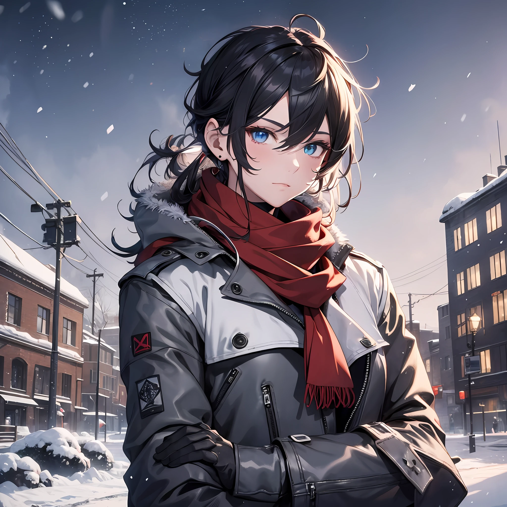 1boy, wearing a red scarf, wearing headphones, wearing winter clothing,black long tied up hairstyle, bang, masculine, perfect hands,BREAK, heterochromia, wearing winter gloves, winter, Snow, snowflake's,highest quality digital art, Stunning art, wallpaper 4k,8k,64k, HD, unparalleled masterpiece, dynamic lighting, cinematic, epic