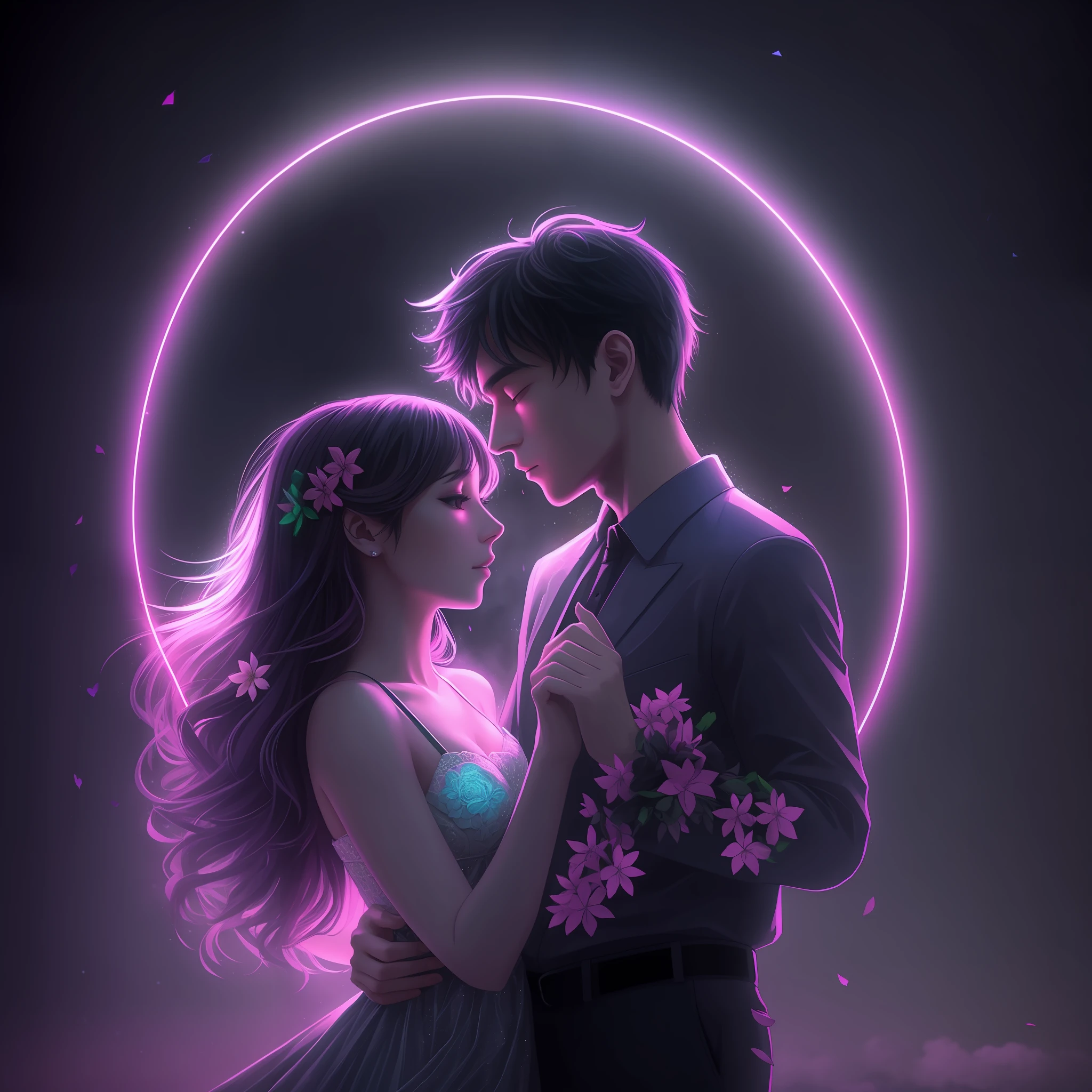 (high quality), (dark), (neon) Couple dancing in the dark in the moonlight with fog, snow and flowers falling from the sky --auto --s2