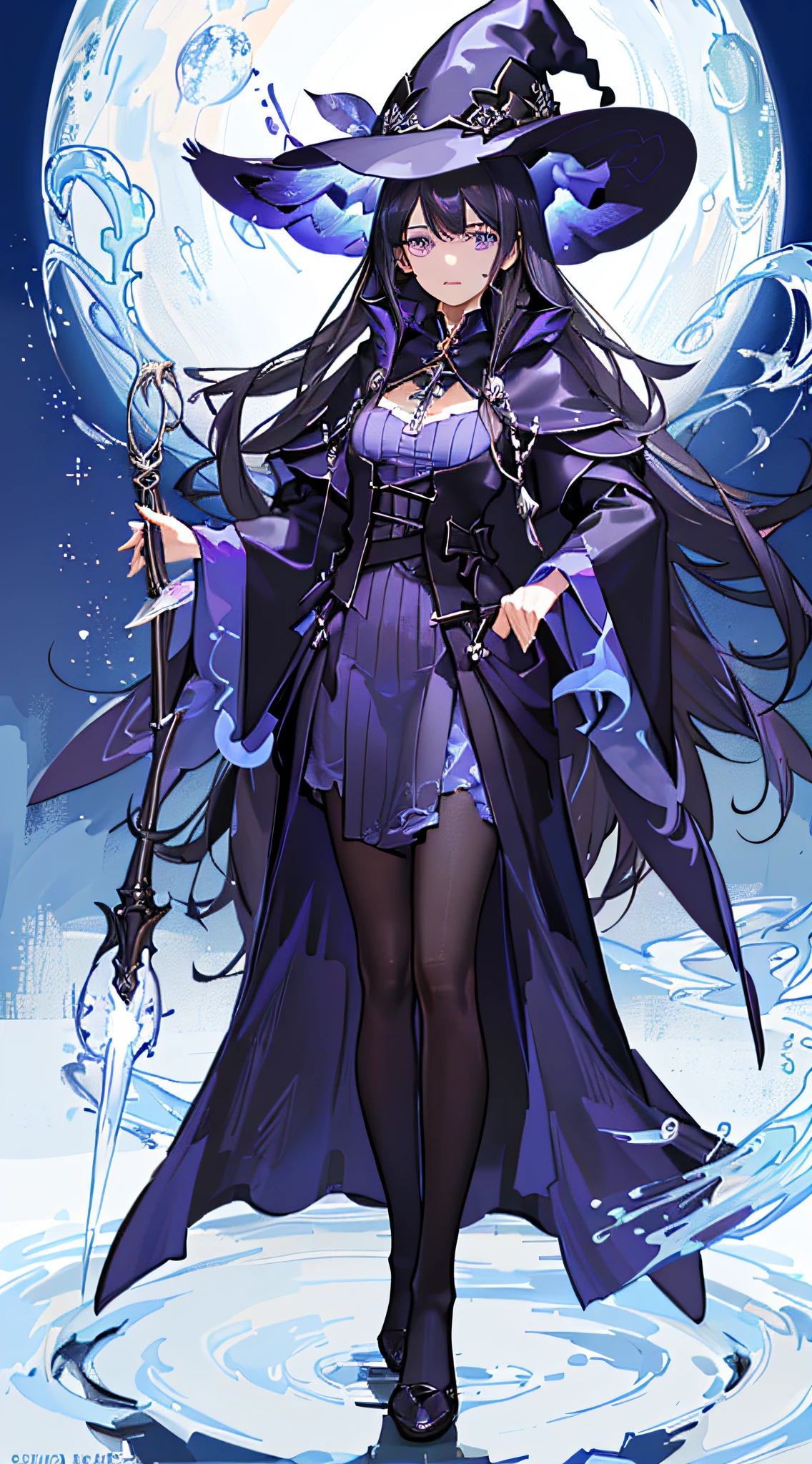 masterpiece, best quailty, ultra-detailed, cinematic lighting, 1girl, witch hat, black clothes, flowing robe, witch robe, purple pattern, purple eyes, black hair, full body, standing in the air, detailed beautiful face, detailed background