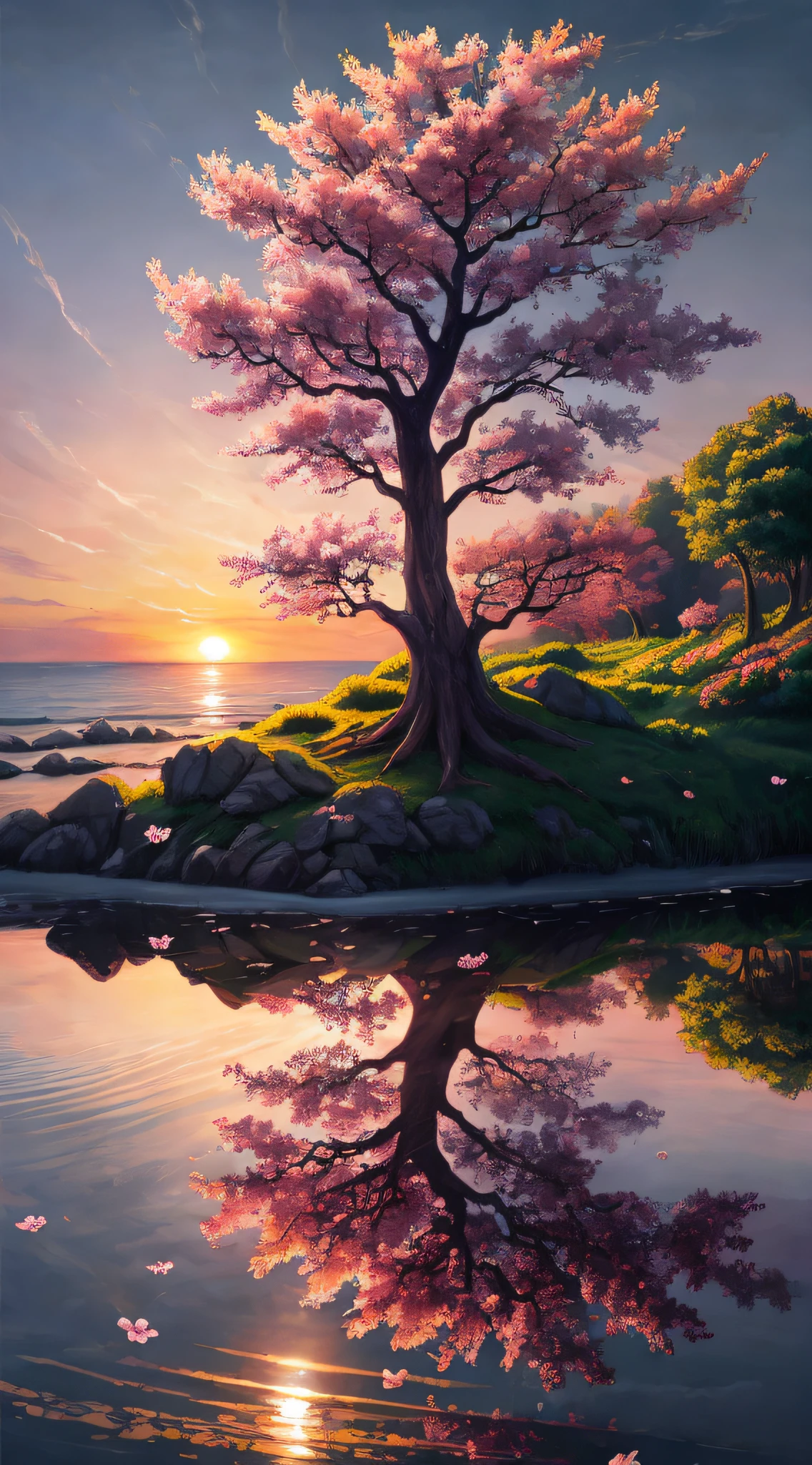 painting of a tree with pink flowers in water at sunrise, beautiful uhd 4k art, 4k highly detailed digital art, 4k detailed digital art, detailed 4k painting, beautiful anime peace scene, scenery art, anime landscape wallpaper, anime nature wall, anime nature, detailed scenery art, 4K HD wallpaper illustration, beautiful digital painting