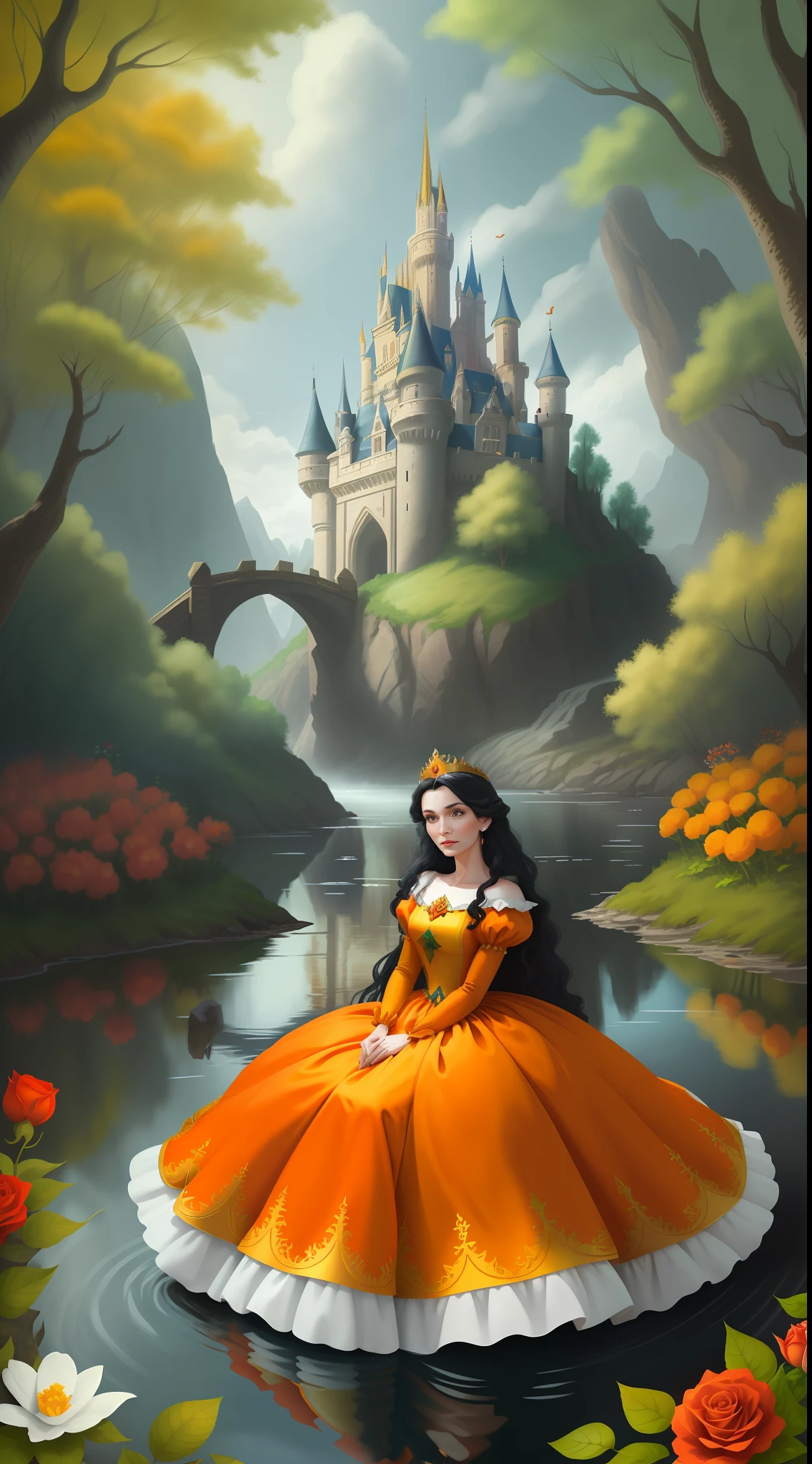 a beautiful middle-aged Disney Princess Snow White wearing a crown in the forest with many beautiful animals near her., Many flowers of various colors. A sunny day. with a river and a fairytale castle in the background. Walt Disney cartoon style masterpiece, multiple angles looking to the camera, big orange and red roses, 3, cuty animals, very scaried, seeing something scary approach close-up, dutch angle