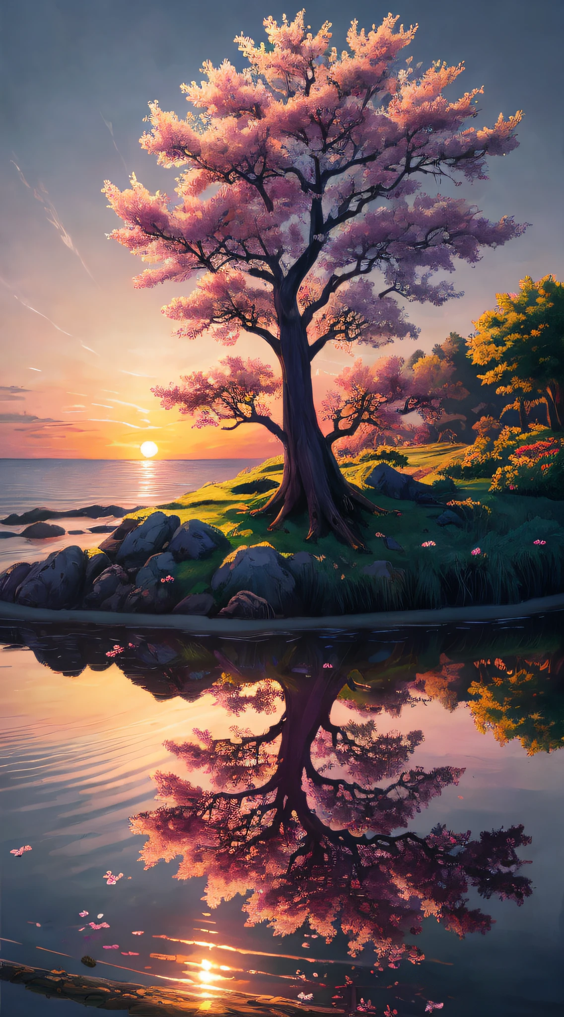 painting of a tree with pink flowers in water at sunrise, beautiful uhd 4k art, 4k highly detailed digital art, 4k detailed digital art, detailed 4k painting, beautiful anime peace scene, scenery art, anime landscape wallpaper, anime nature wall, anime nature, detailed scenery art, 4K HD wallpaper illustration, beautiful digital painting