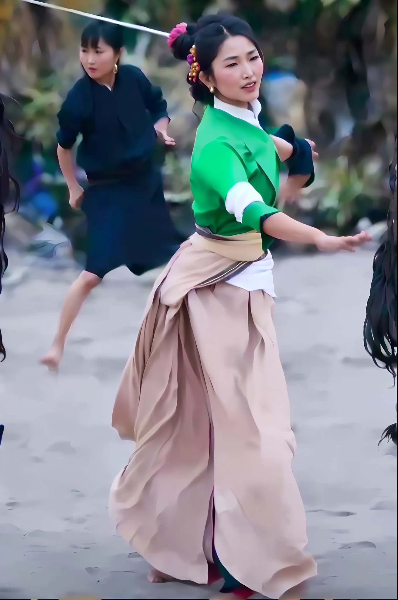 Beautiful Tibetan woman in green shirt and skirt Tibetan traditional costume dancing Tibetan dance, music video, music video stills, other women dancing in the back, video stills, choreographed battle scenes, live-action movie stills, dressed in fluent long skirt, as if Mahira Khan is dancing as a D&D wizard, People dancing in the background, movie screenshots