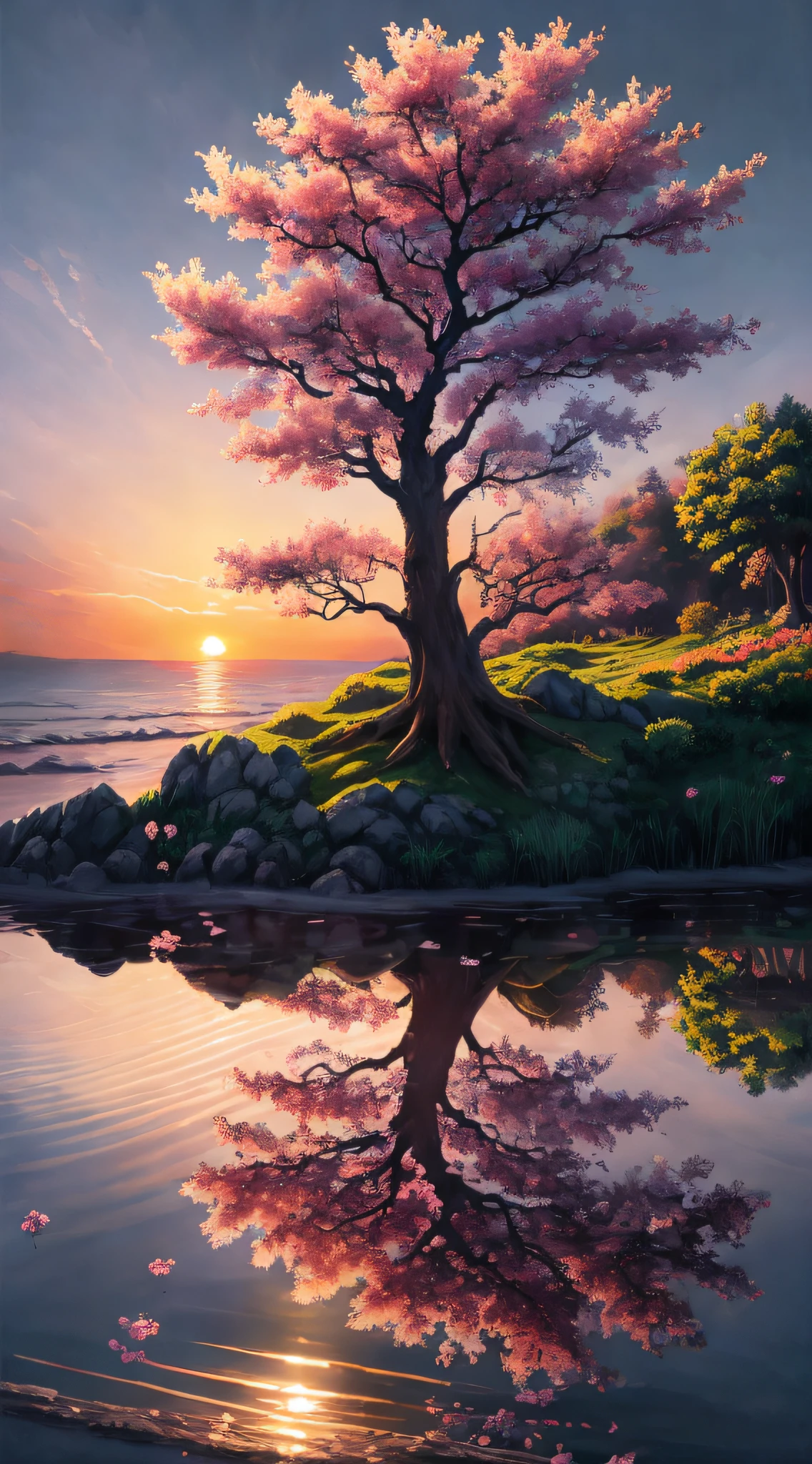 painting of a tree with pink flowers in water at sunrise, beautiful uhd 4k art, 4k highly detailed digital art, 4k detailed digital art, detailed 4k painting, beautiful anime peace scene, scenery art, anime landscape wallpaper, anime nature wall, anime nature, detailed scenery art,  4K HD wallpaper illustration, beautiful digital painting