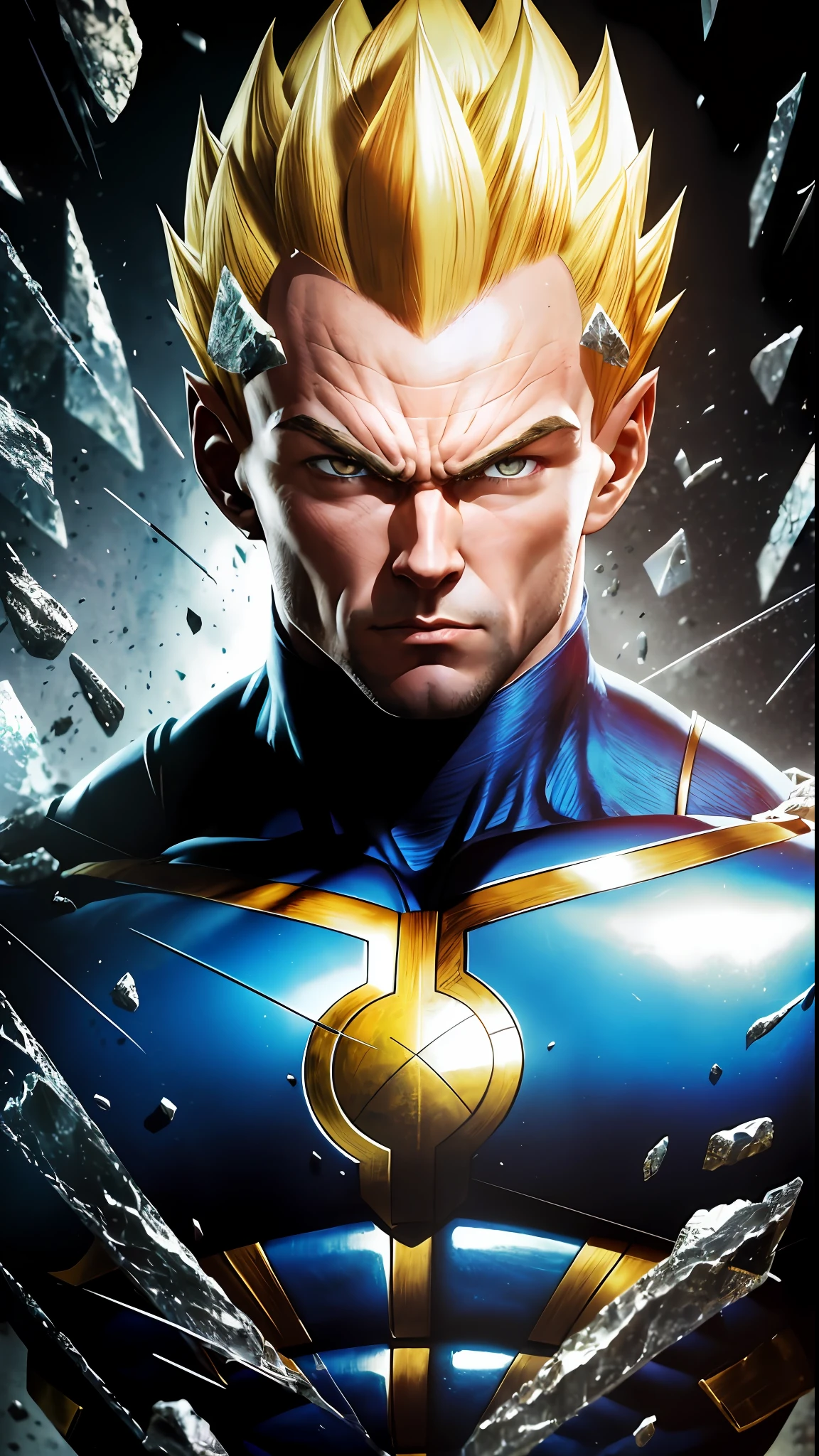 8k portrait of muscular vegeta, yellow hair, blue eyes, intricate, elegant, highly detailed, full body, majestic, digital photography, art by artgerm and ruan jia and greg rutkowski, black hair, beardless face, broken glass (masterpiece, side lighting, beautiful finely detailed eyes: 1.2 ), hdr,