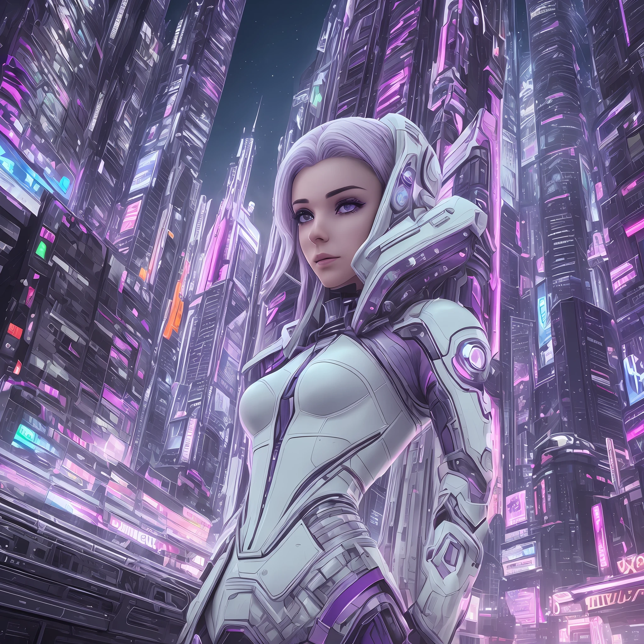 (high quality), (realistic photo) An extraterrestrial woman of white color and purple hair, in a futuristic city with spaceships and neon sky.