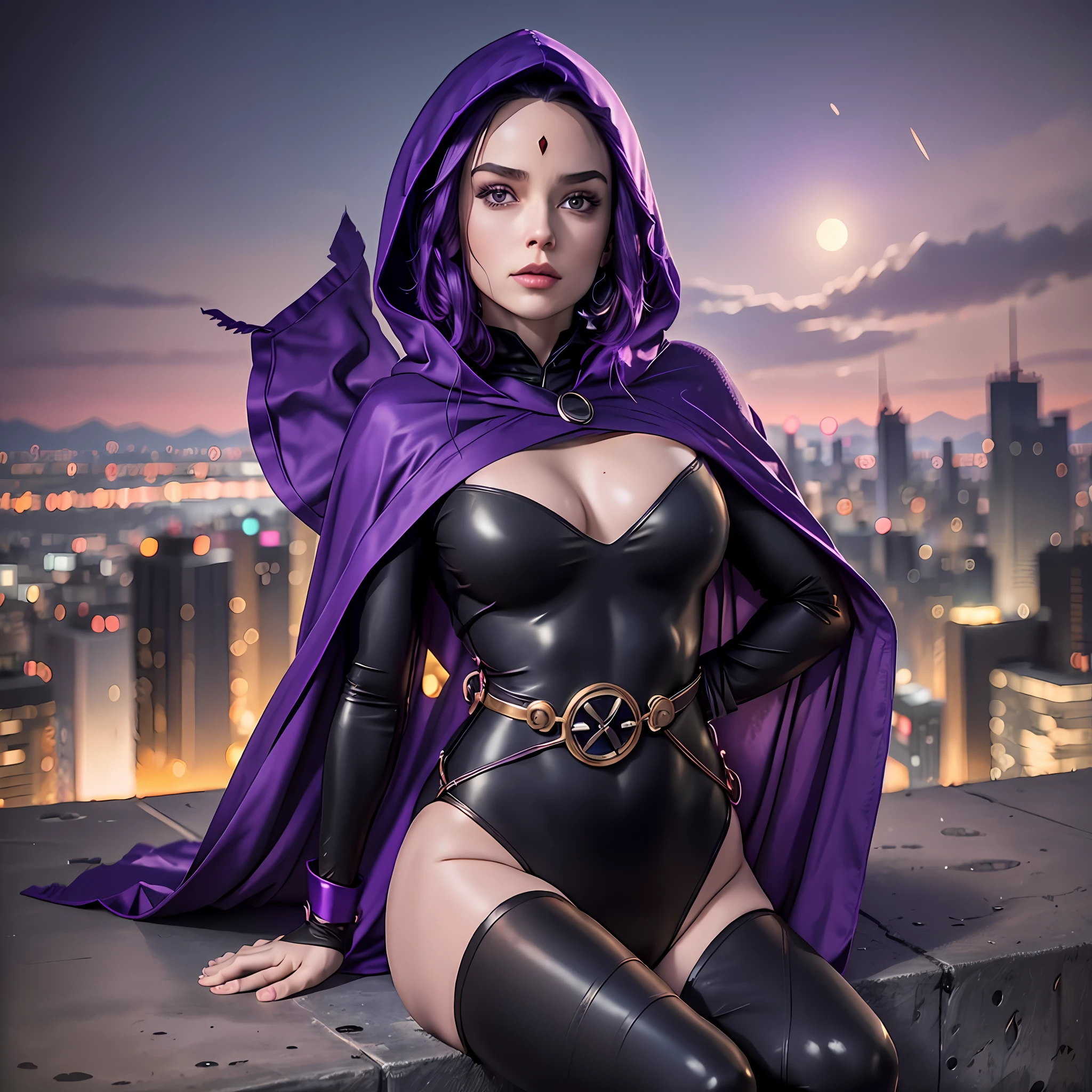 masterpiece, highres, photorealistic, real, best quality, 8k, best quality, realistic, ultra-detailed, perfect lighting, cinematic lighting, female, mature, 1girl, solo, looking at viewer, portrait, city, night, rooftop, city lights, moon, dark, galaxy, skyscrappers, 1girl, raven \(dc\), black leotard, black cape, hood up, purple hair, forehead jewel, purple eyes, short hair, belt, cleavage, blue hue, covered, sakimichan ,petite figure, (huge chest, wild girl, small head)), (perfect body: 1,5), (camel toe: 2), barefoot, highres, looking_at_viewer,