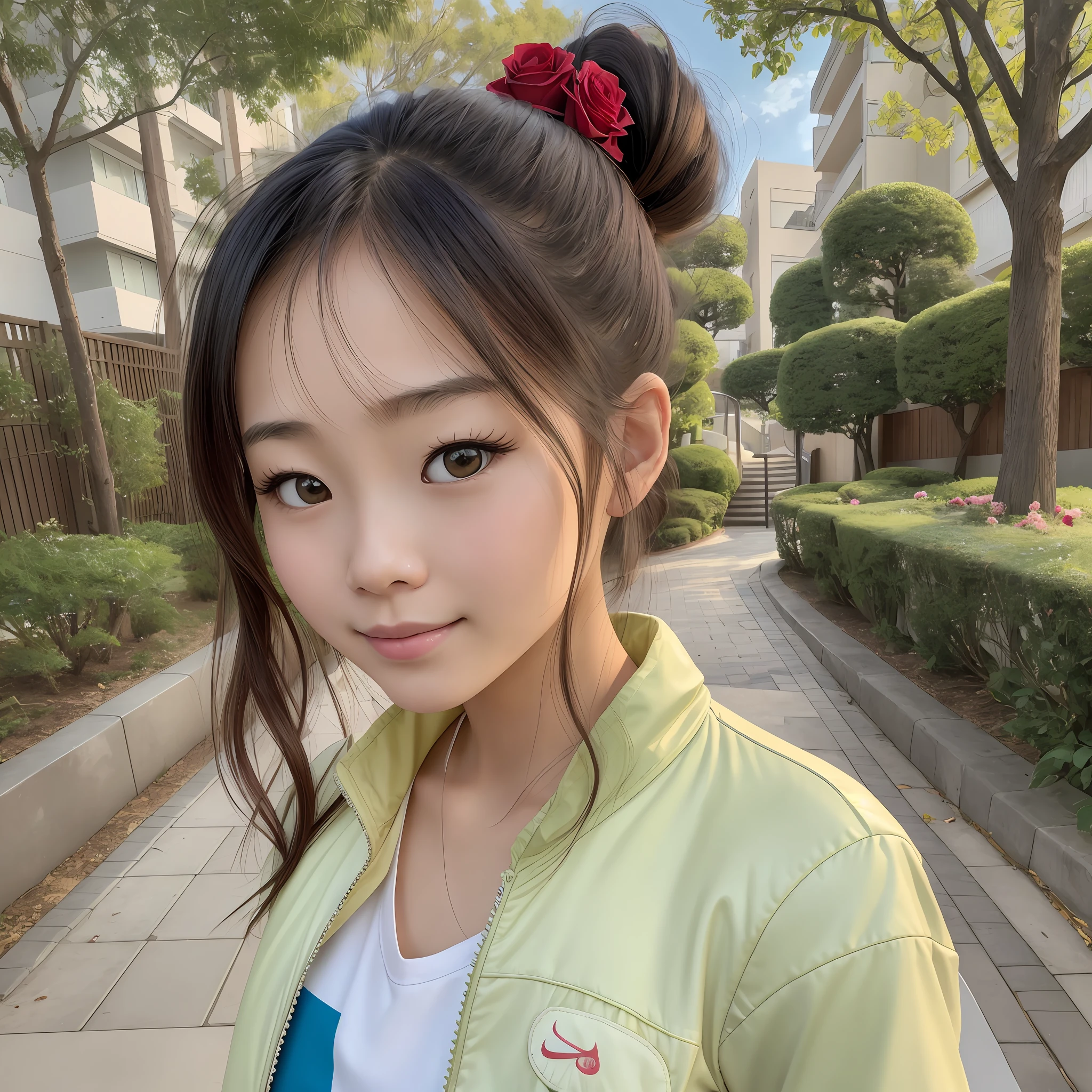 Beautiful, Japanese, woman20 years old, Small face with a straight nose and rose-like lips , smiling face, facing front, beautiful eye, beautiful face, beautiful hair, ponytail hair, beige hair, Red polka-dot skirt, light blue-green shirt, beige jacket,nike sneakers, photorealism, super detailed, Flalbest qualitylt, masterpiece, ultra-detalied, dynamic angle, crisp photo --auto --s2