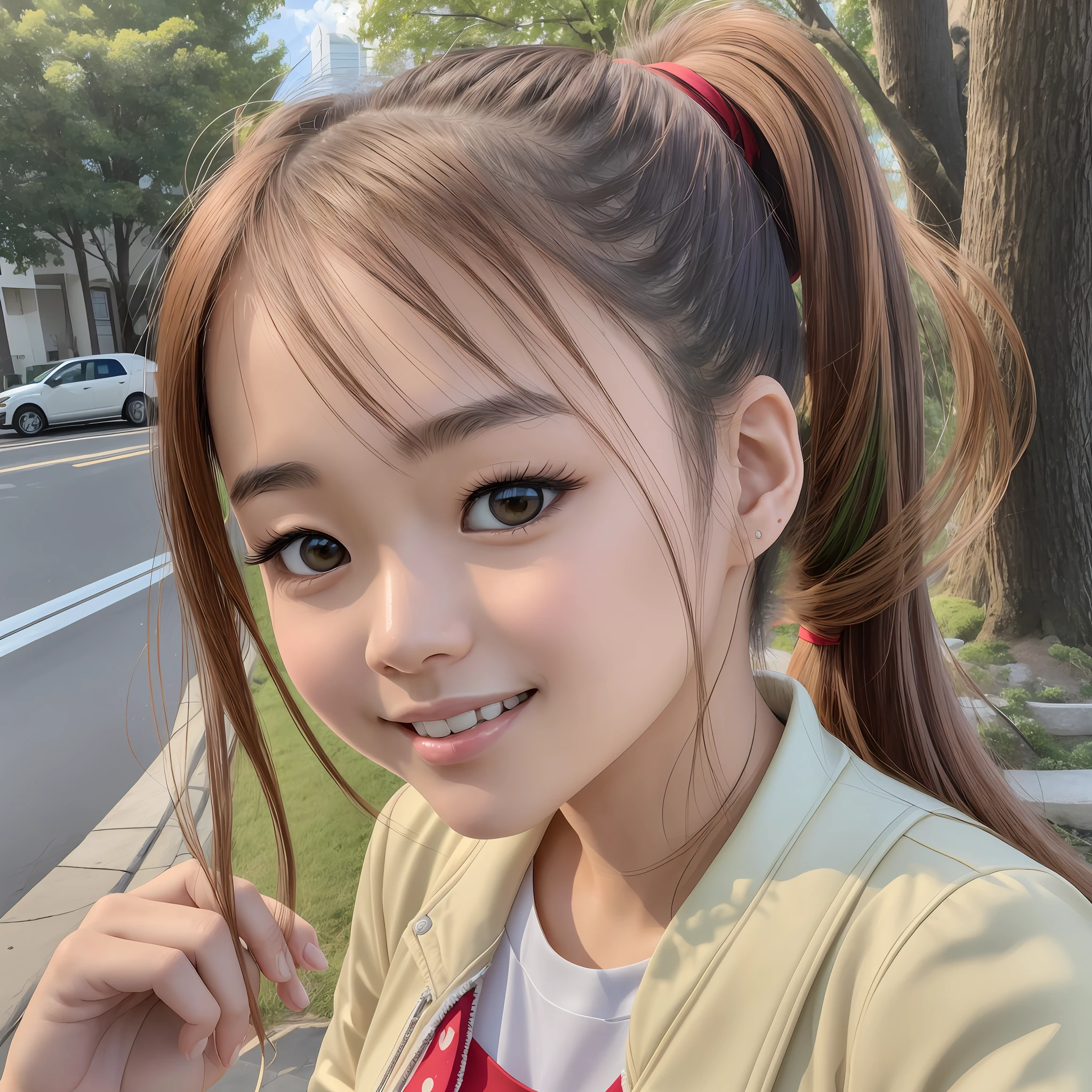 Beautiful, Japanese, woman20 years old, Small face with a straight nose and rose-like lips , smiling face, facing front, beautiful eye, beautiful face, beautiful hair, ponytail hair, beige hair, Red polka-dot skirt, light blue-green shirt, beige jacket,nike sneakers, photorealism, super detailed, Flalbest qualitylt, masterpiece, ultra-detalied, dynamic angle, crisp photo --auto --s2