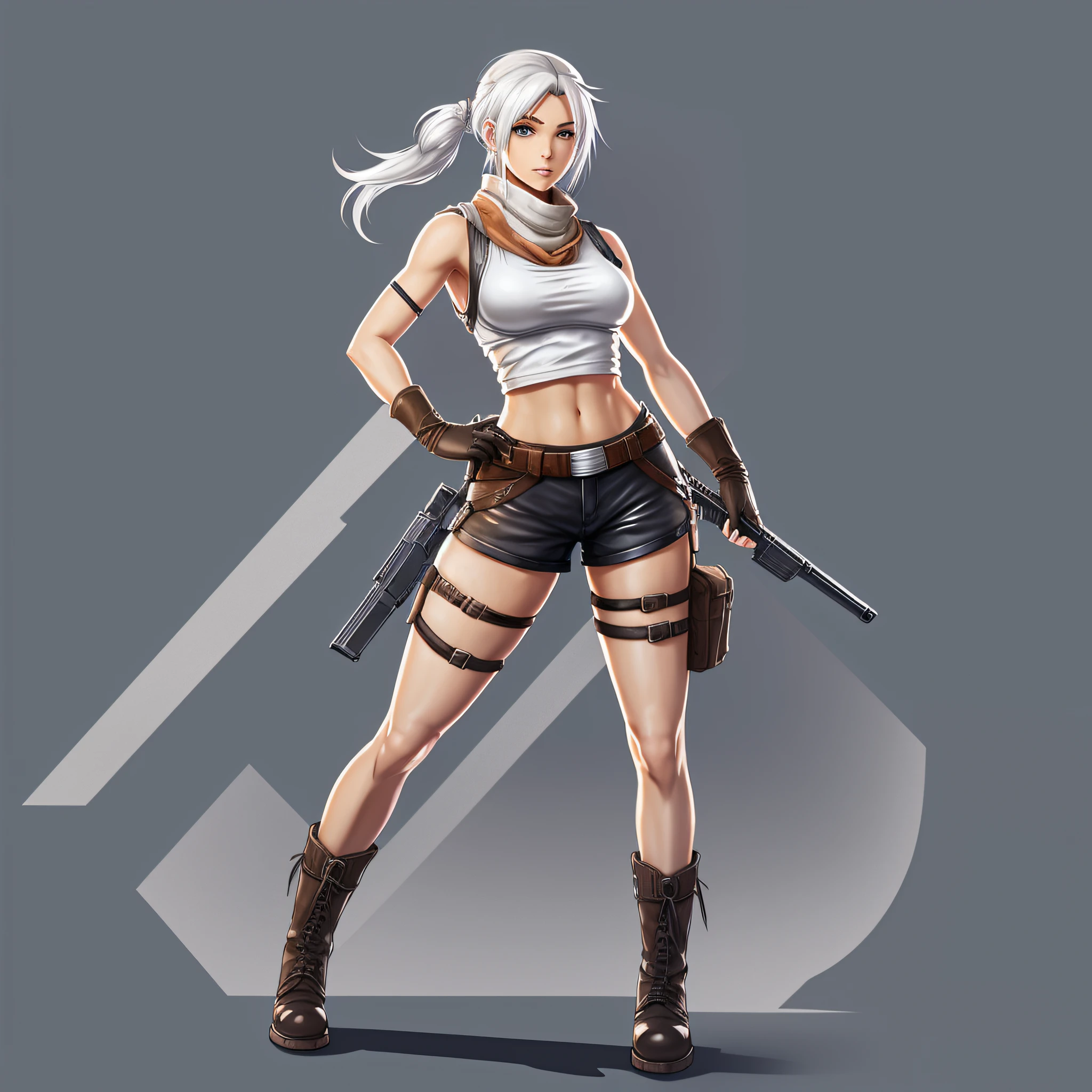 concept art, anime girl, white background,hair tied, wearing cap, white hair, sleeveless shirt, leather gloves, wearing scarf, wearing leather boots, lara croft, holding a pistol