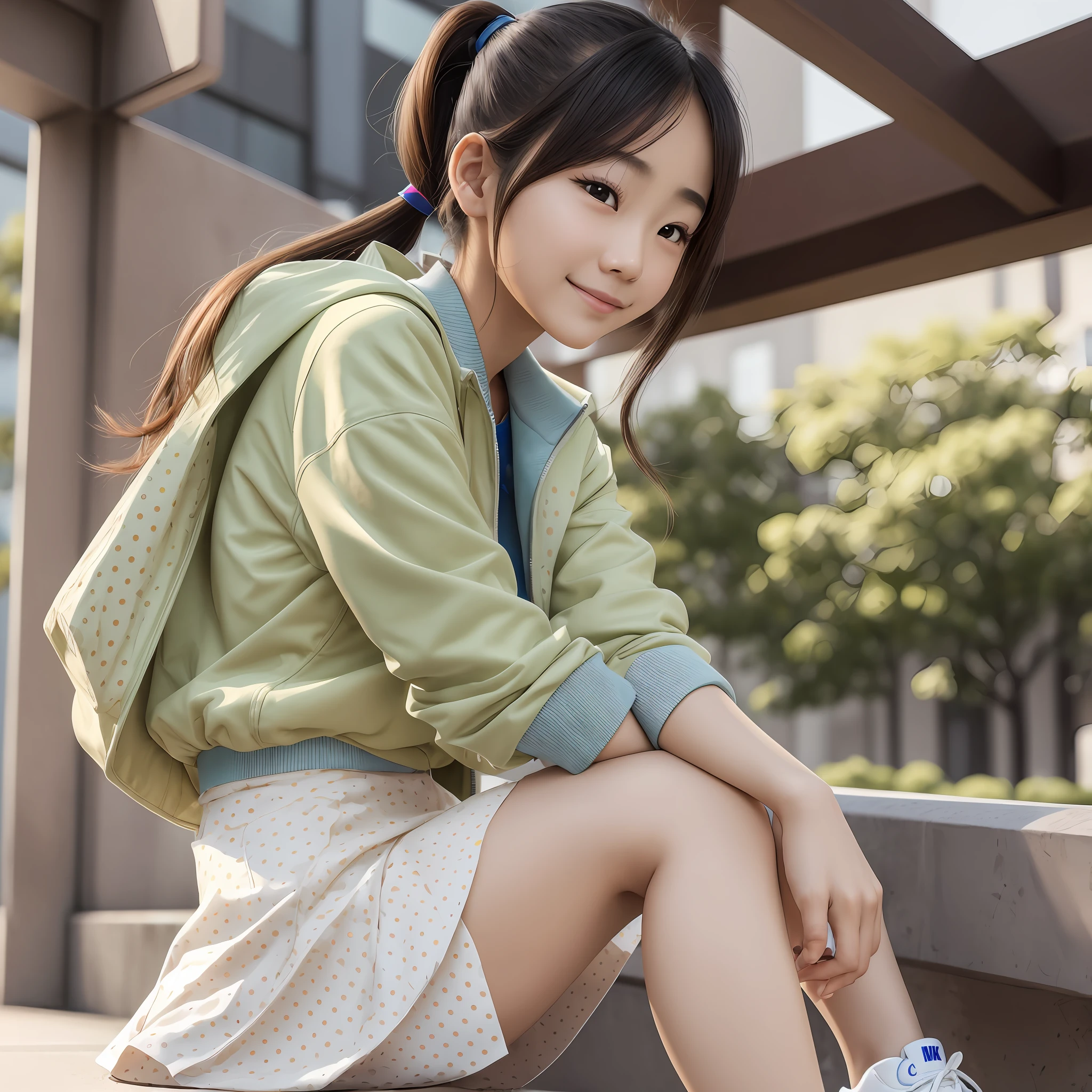 Beautiful, Japanese, woman20 years old, Small face with a straight nose and rose-like lips , smiling face, facing front, beautiful eye, beautiful face, beautiful hair, ponytail hair, beige hair, Red polka-dot skirt, light blue-green shirt, beige jacket,nike sneakers, photorealism, super detailed, Flalbest qualitylt, masterpiece, ultra-detalied, dynamic angle, crisp photo --auto --s2