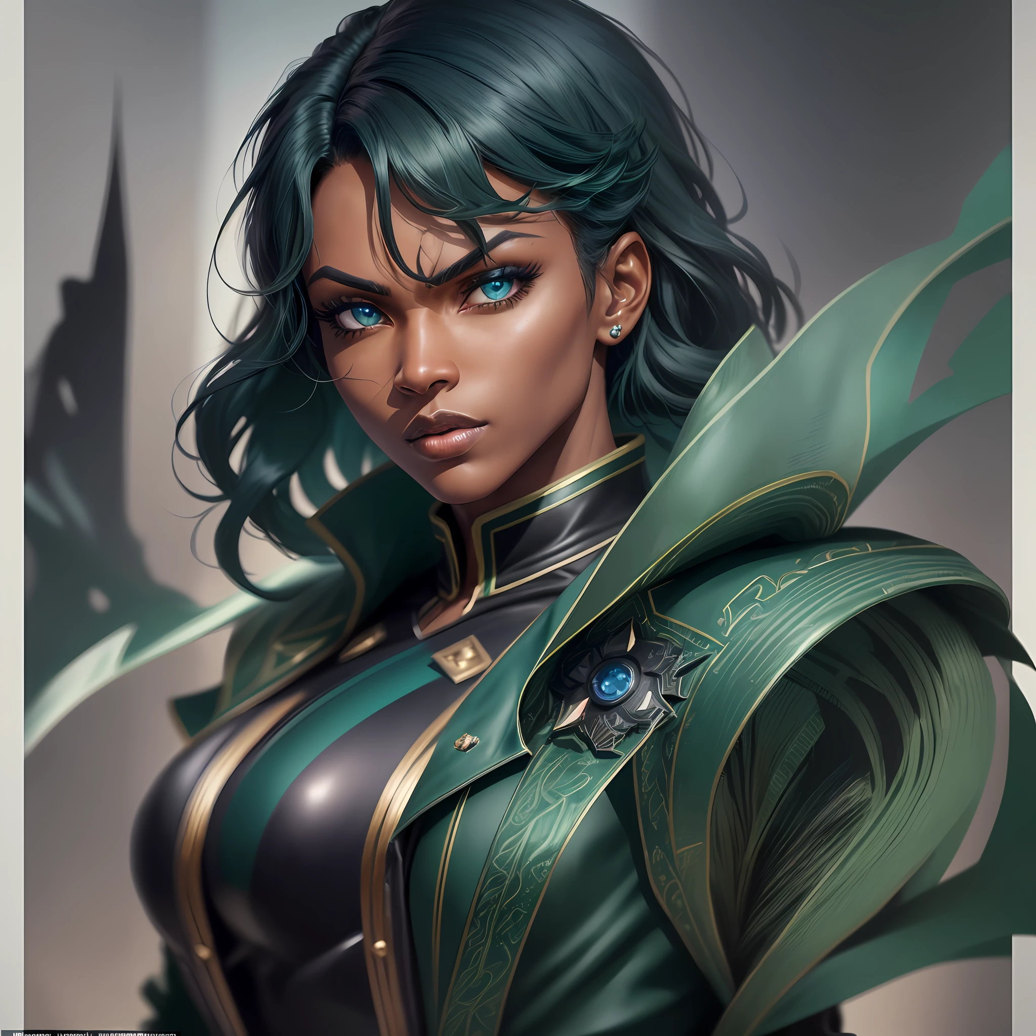 dark-skinned woman, gloves, solo, dark green hair, blue eyes, black gloves, (dynamic pose:1.5), (intricate details:1.2), 8k wallpaper, (highest image quality:1.5), (8k:1.4), (Masterpiece), (ultra-detailed), (Detailed eyes:1.4), (sharp details:1.3), muscular body, black punk jacket, big body, big wavy hair