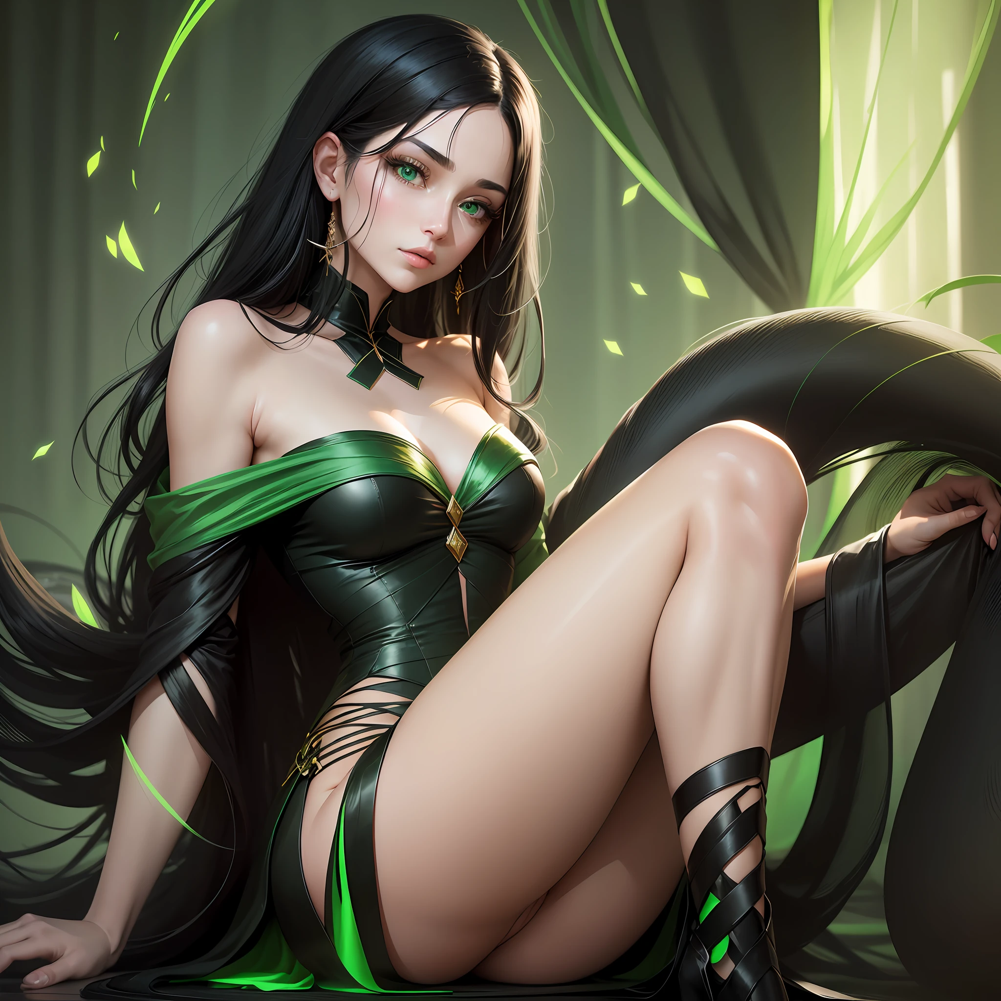 Imagine a woman with captivating green eyes that seem to glow with intensity. Her black hair is long and silky, falling gracefully over her shoulders. She has delicate and balanced features, with a serene and confident expression. Its minimalist style reflects a discreet and sophisticated elegance. --auto --s2