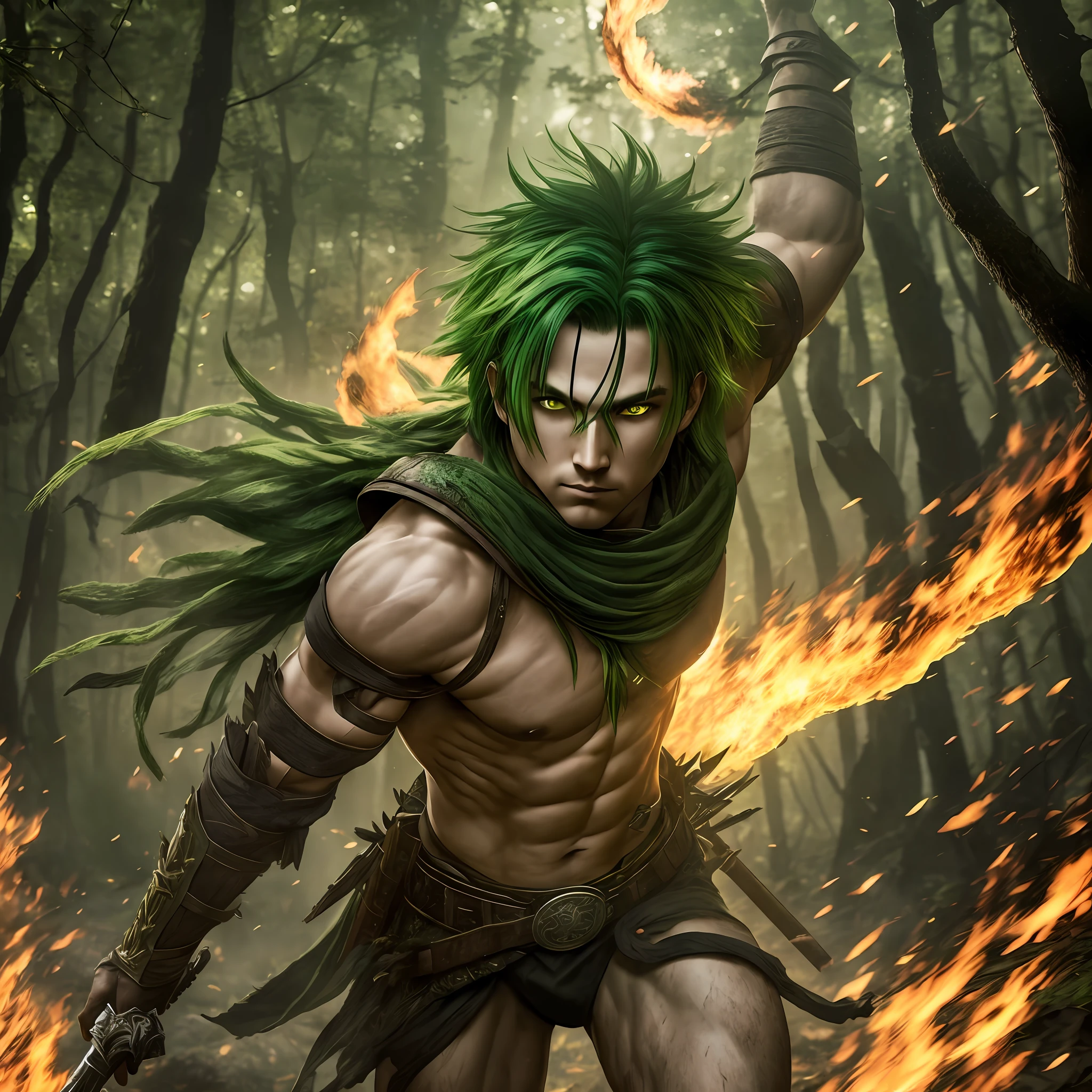 (high quality), (realistic photo) Dark warrior with green hair and yellow eye, half-naked attacking enemy in a forest of fire with mist --auto --s2