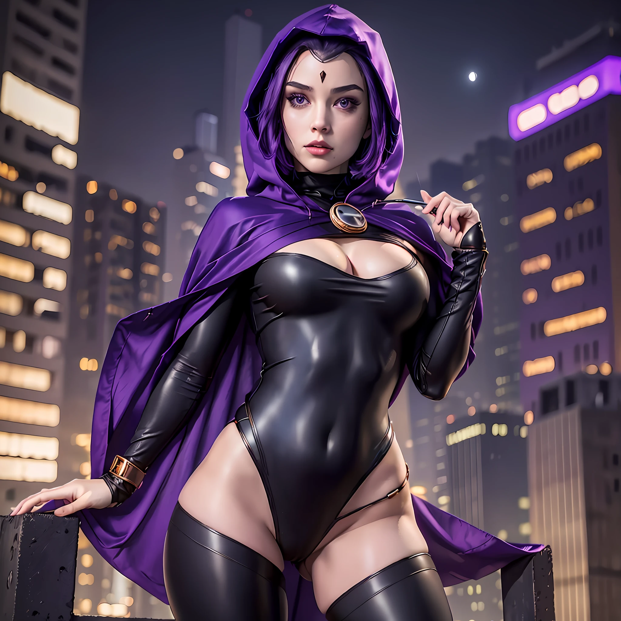 masterpiece, highres, photorealistic, real, best quality, 8k, best quality, realistic, ultra-detailed, perfect lighting, cinematic lighting, female, mature, 1girl, solo, looking at viewer, portrait, city, night, rooftop, city lights, moon, dark, galaxy, skyscrappers, 1girl, raven \(dc\), black leotard, black cape, hood up, purple hair, forehead jewel, purple eyes, short hair, belt, cleavage, blue hue, covered, sakimichan ,petite figure, (huge chest, wild girl, small head)), (perfect body: 1,5), (camel toe: 2), barefoot, highres,