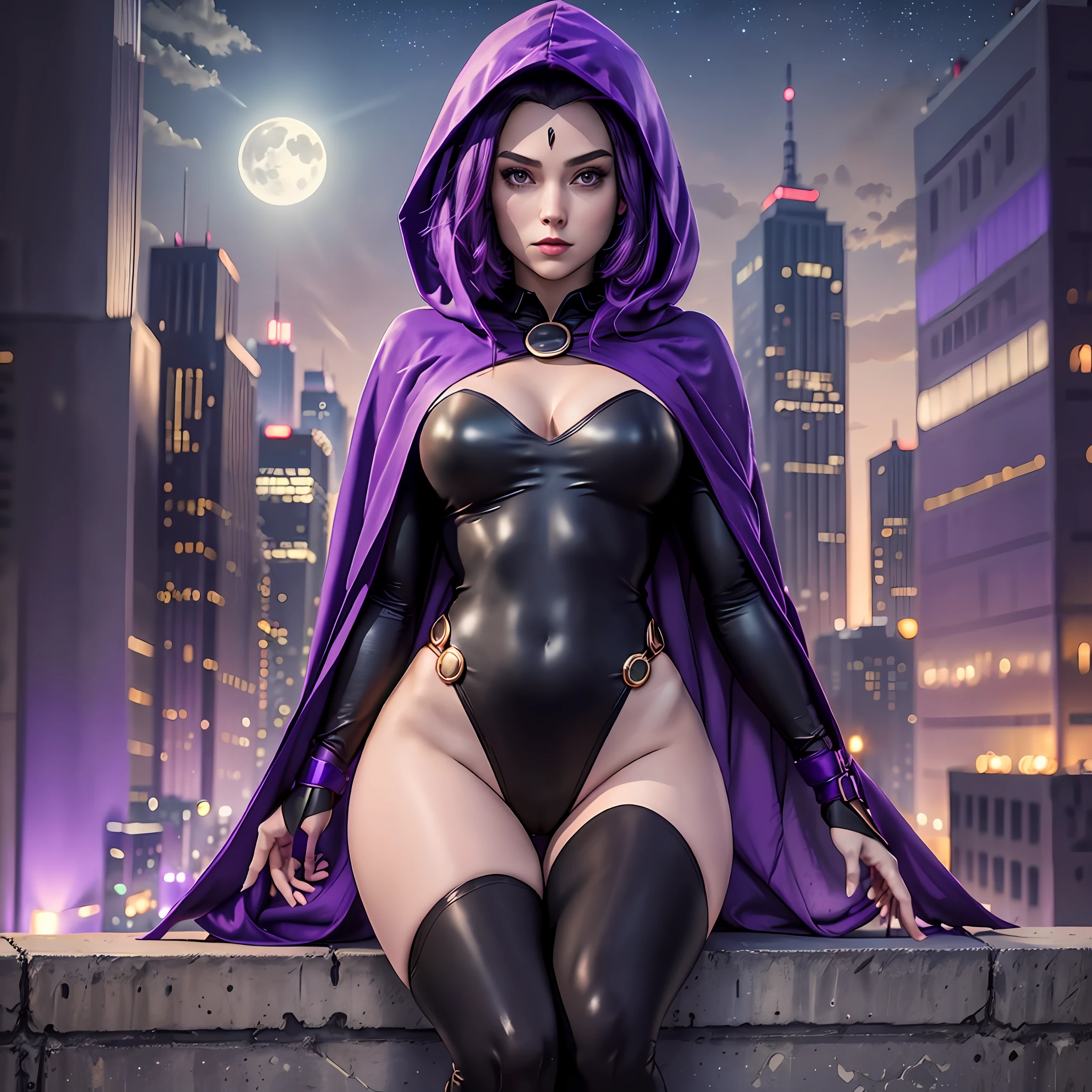 masterpiece, highres, photorealistic, real, best quality, 8k, best quality, realistic, ultra-detailed, perfect lighting, cinematic lighting, female, mature, 1girl, solo, looking at viewer, portrait, city, night, rooftop, city lights, moon, dark, galaxy, skyscrappers, 1girl, raven \(dc\), black leotard, black cape, hood up, purple hair, forehead jewel, purple eyes, short hair, belt, cleavage, blue hue, covered, sakimichan ,petite figure, (huge chest, wild girl, small head)), (perfect body: 1,5), (camel toe: 2), barefoot, highres,