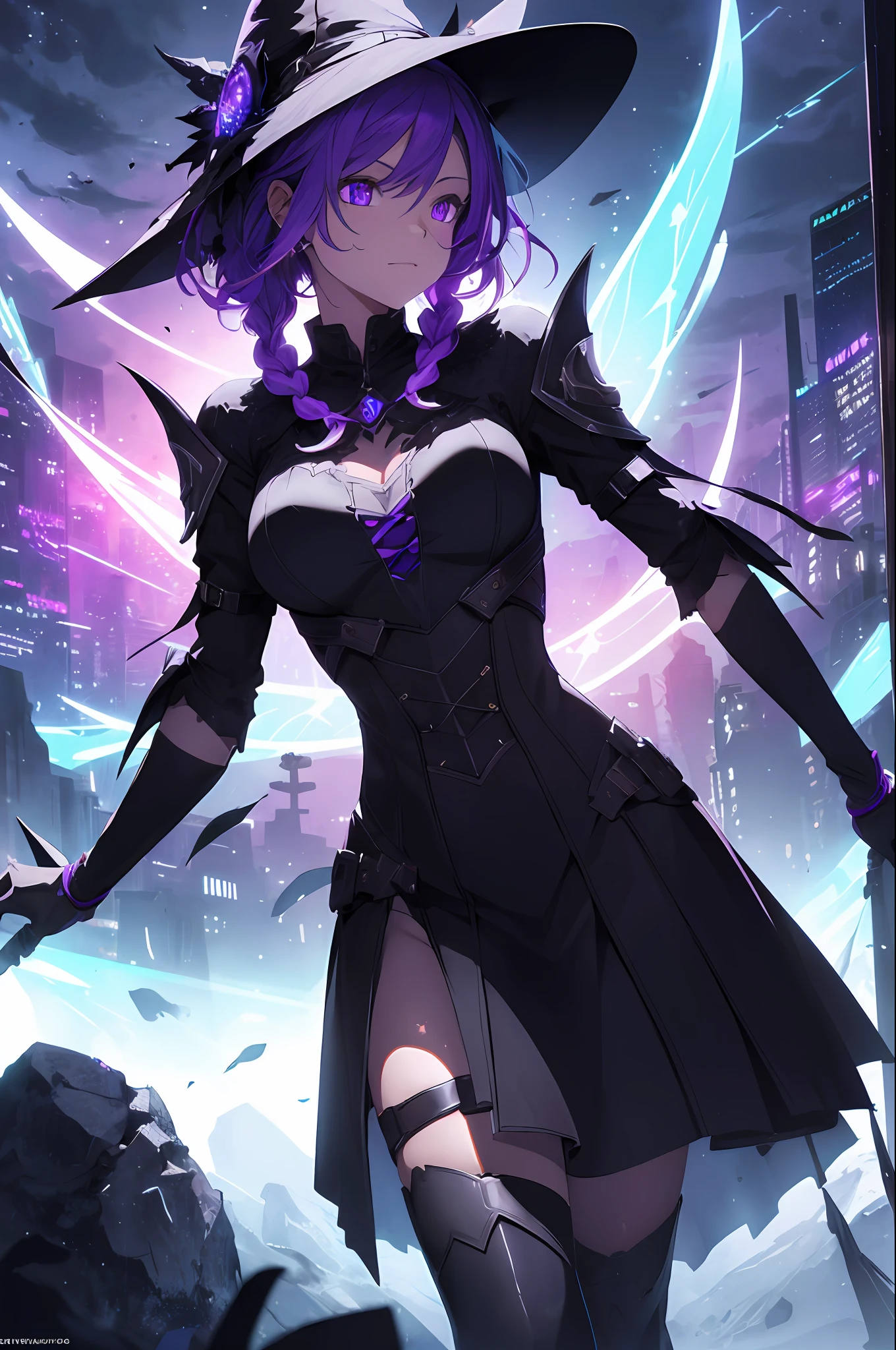 ((black dope outfit)), revealing, medium breasts, 30 years old, young beautiful girl, ultra detailed, official art, unity 8k wallpaper, BREAK, neon purple lighting, (vibrant glow):1.2, dynamic colors, striking contrast, futuristic vibe, electric energy, reflective surfaces, masterpiece, best quality, ultra-detailed, illustration, 1girl, solo, fantasy, flying, broom, night sky, outdoors, magic, spells, moon, stars, clouds, wind, hair, cape, hat, boots, broomstick, glowing, mysterious, enchanting, whimsical, playful, adventurous, freedom, wonder, imagination, determination, skill, speed, movement, energy, realism, naturalistic, figurative, representational, beauty, fantasy culture, mythology, fairy tales, folklore, legends, witches, wizards, magical creatures, fantasy worlds, composition, scale, foreground, middle ground, background, perspective, light, color, texture, detail, beauty, wonder, adult, 30 years old, loraeyes, pauldrons, magic circle, evil, vampire teeth, 30 years old, adult, magic circle, magic_circle, red_glow, red glow, (masterpiece, best quality, ultra-detailed, best shadow), (detailed background,dark fantasy), (beautiful detailed face), high contrast, (best illumination, an extremely delicate and beautiful), ((cinematic light)), colorful, hyper detail, dramatic light, intricate details, (1 girl, solo, purple glowing hair, sharp face, long braided hair, purple glowing eyes, hair between eyes, dynamic angle, magic circle), blood splatter, swirling black light around the character, depth of field, black light particles, (broken glass),, 30 years old, beautiful girl, ultra detailed, official art, unity 8k wallpaper, BREAK, neon lighting, (vibrant glow):1.2, dynamic colors, striking contrast, futuristic vibe, electric energy, reflective surfaces