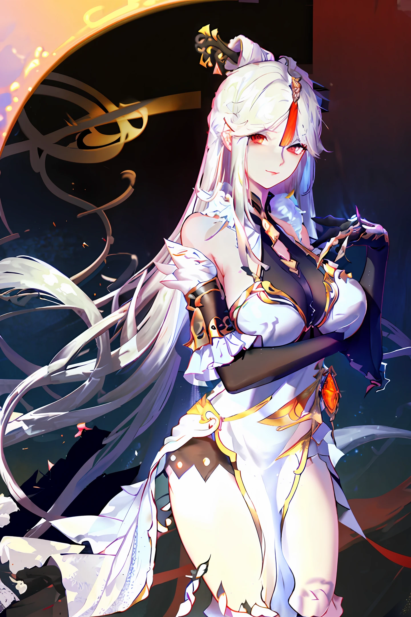masterpiece, best quality, high_resolution, finely detailed, extremely delicate and beautiful, 1 girl, silver hair, red eyes, (huge breasts), dragon horns, (narrow waist), (halter dress:1.3), (sideboob), (frills:1.3), (fantasy:1.2),