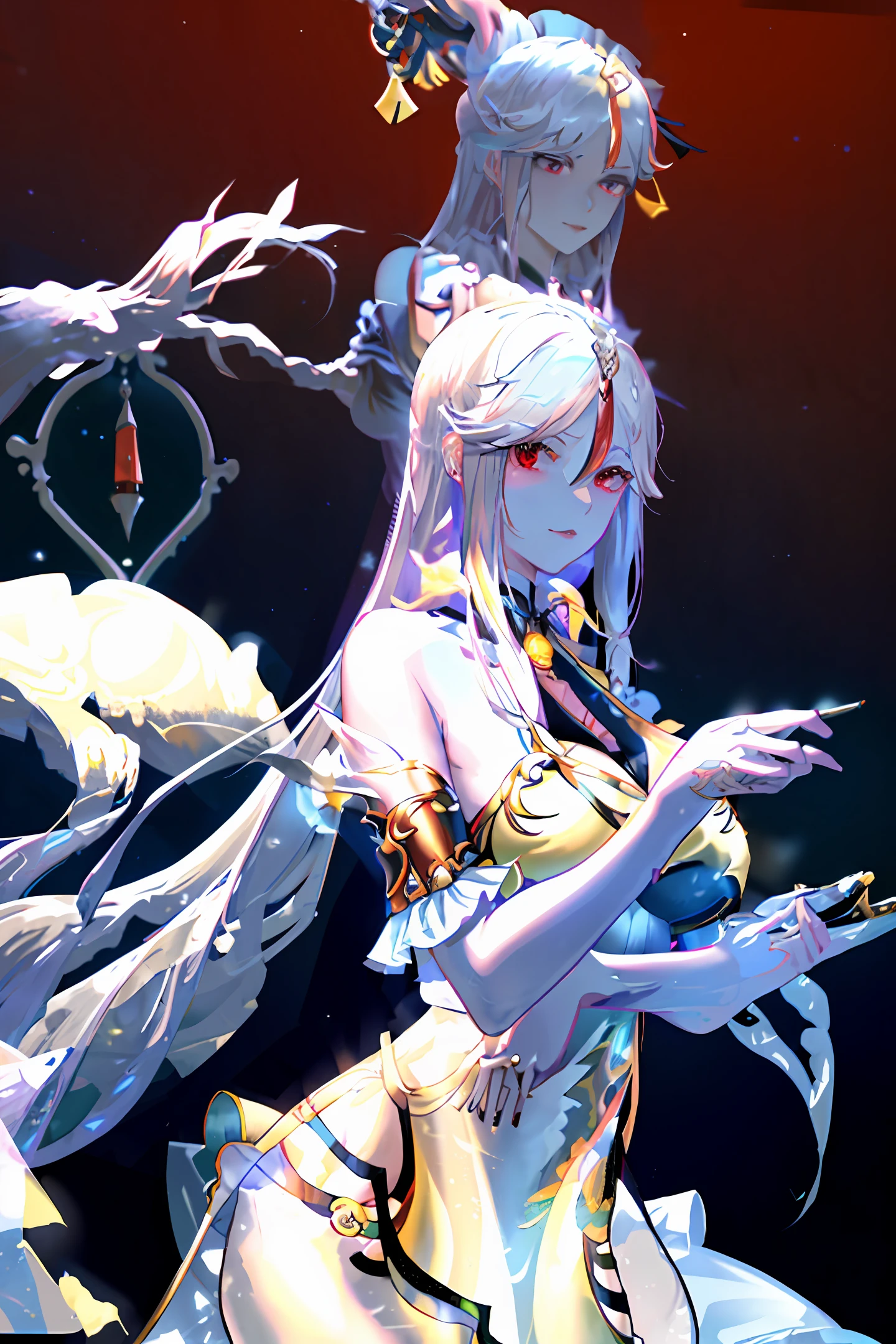 masterpiece, best quality, high_resolution, finely detailed, extremely delicate and beautiful, 1 girl, silver hair, red eyes, (huge breasts), dragon horns, (narrow waist), (halter dress:1.3), (sideboob), (frills:1.3), (fantasy:1.2),