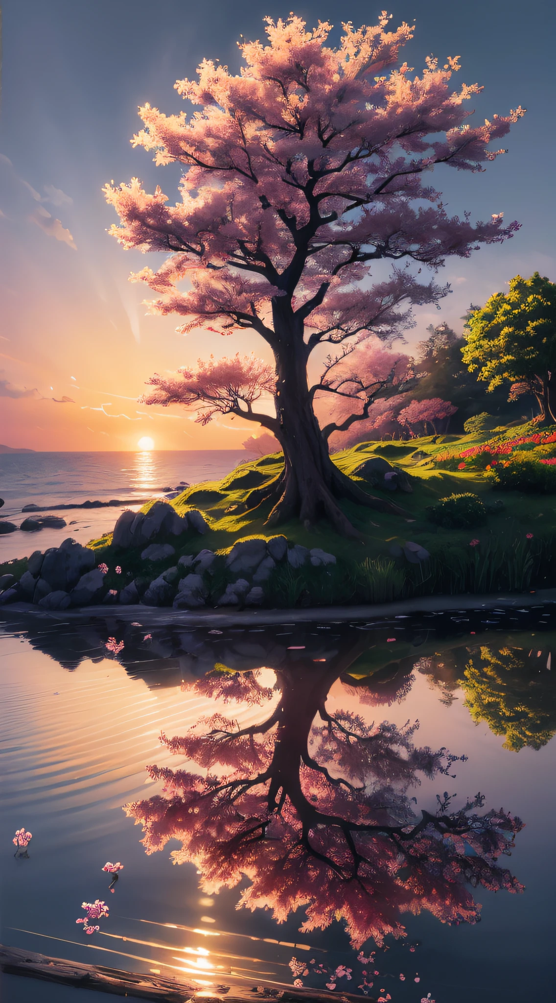 Painting of a tree with pink flowers falling on a small island, beautiful UHD 4K art, 4K highly detailed digital art, 4k detailed digital art, detailed 4k painting, scenery art, anime nature, 8k stunning art, beautiful anime peace scene, background art, beautiful digital painting, 8k high quality detailed art, nature anime wallpap
