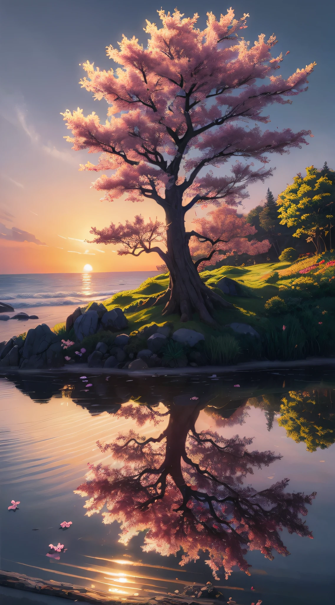 Painting of a tree with pink flowers falling on a small island, beautiful UHD 4K art, 4K highly detailed digital art, 4k detailed digital art, detailed 4k painting, scenery art, anime nature, 8k stunning art, beautiful anime peace scene, background art, beautiful digital painting, 8k high quality detailed art, nature anime wallpap