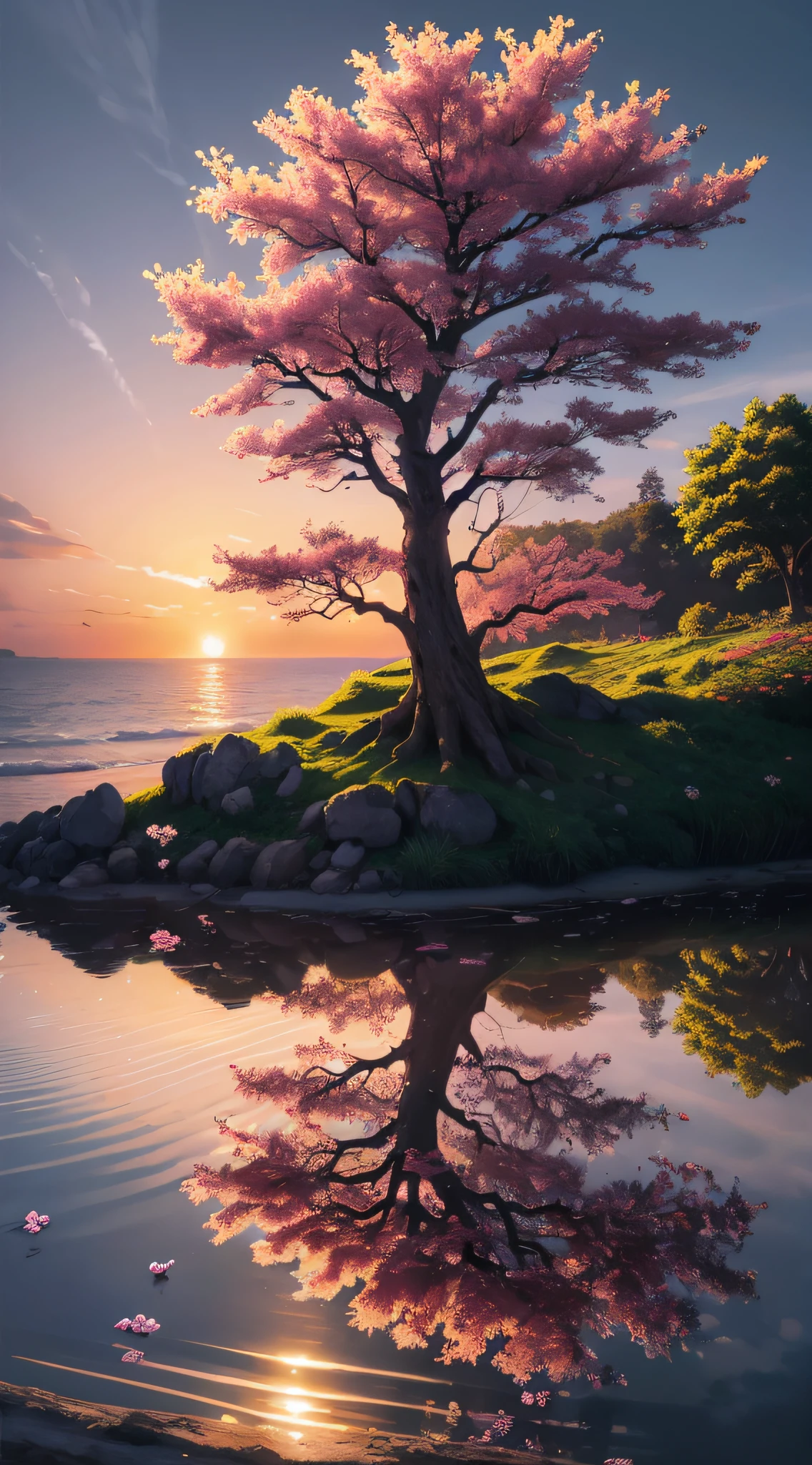 Painting of a tree with pink flowers falling on a small island, beautiful UHD 4K art, 4K highly detailed digital art, 4k detailed digital art, detailed 4k painting, scenery art, anime nature, 8k stunning art, beautiful anime peace scene, background art, beautiful digital painting, 8k high quality detailed art, nature anime wallpap