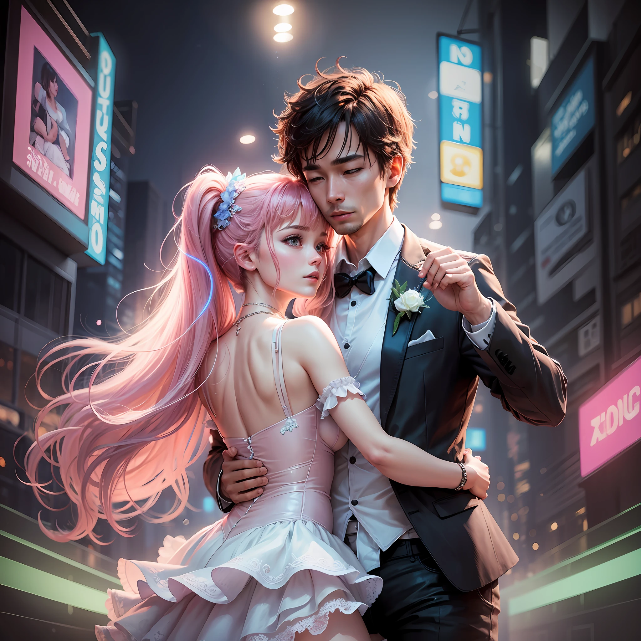 (high quality), (realistic photo) Couple dancing in a ballad with neon lights --auto --s2