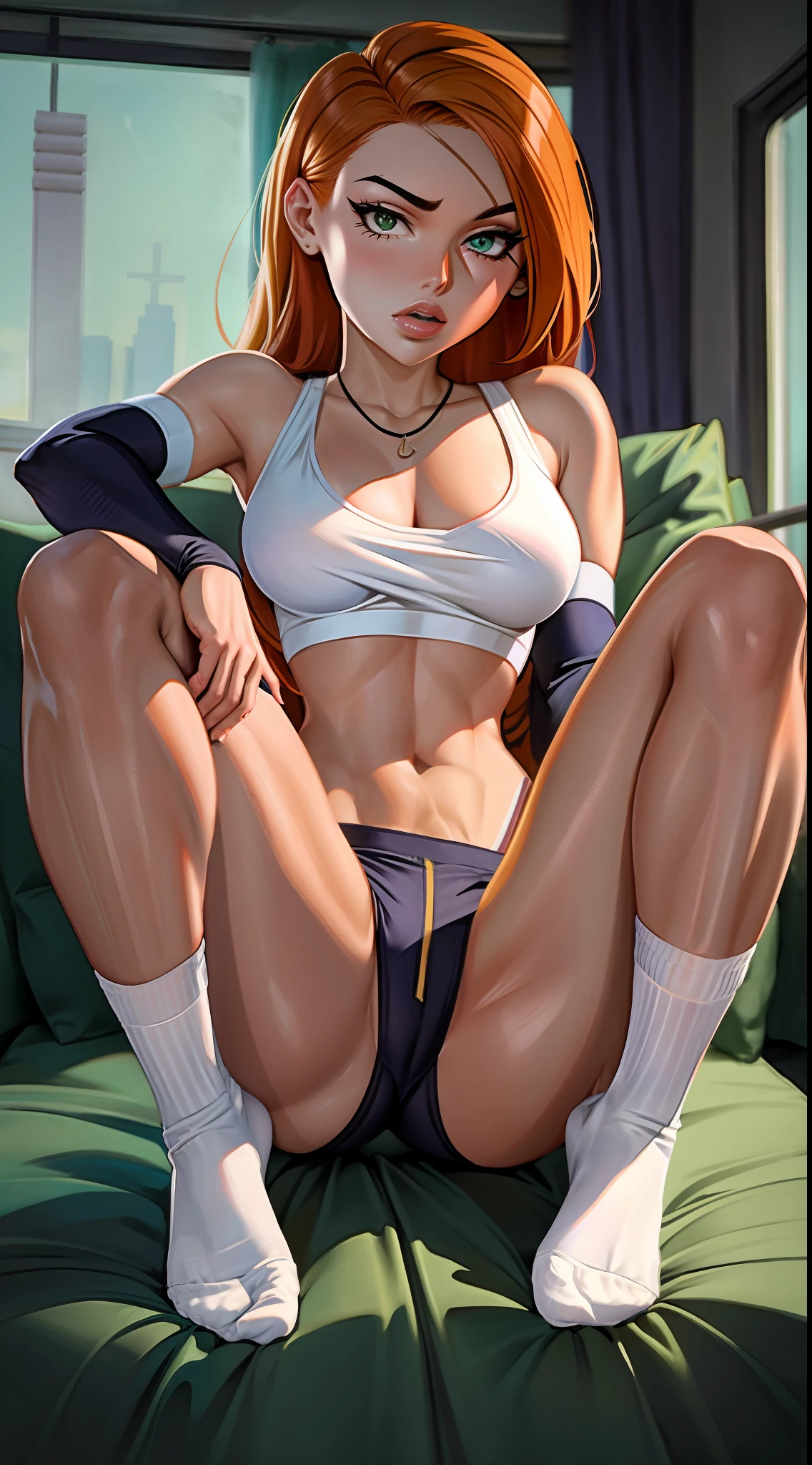 Kim possible bending down while wearing white long socks on her beautiful feet, hot pose , seductive , tanned , sexy pose , max detail , max quality , bedroom , beautiful thighs